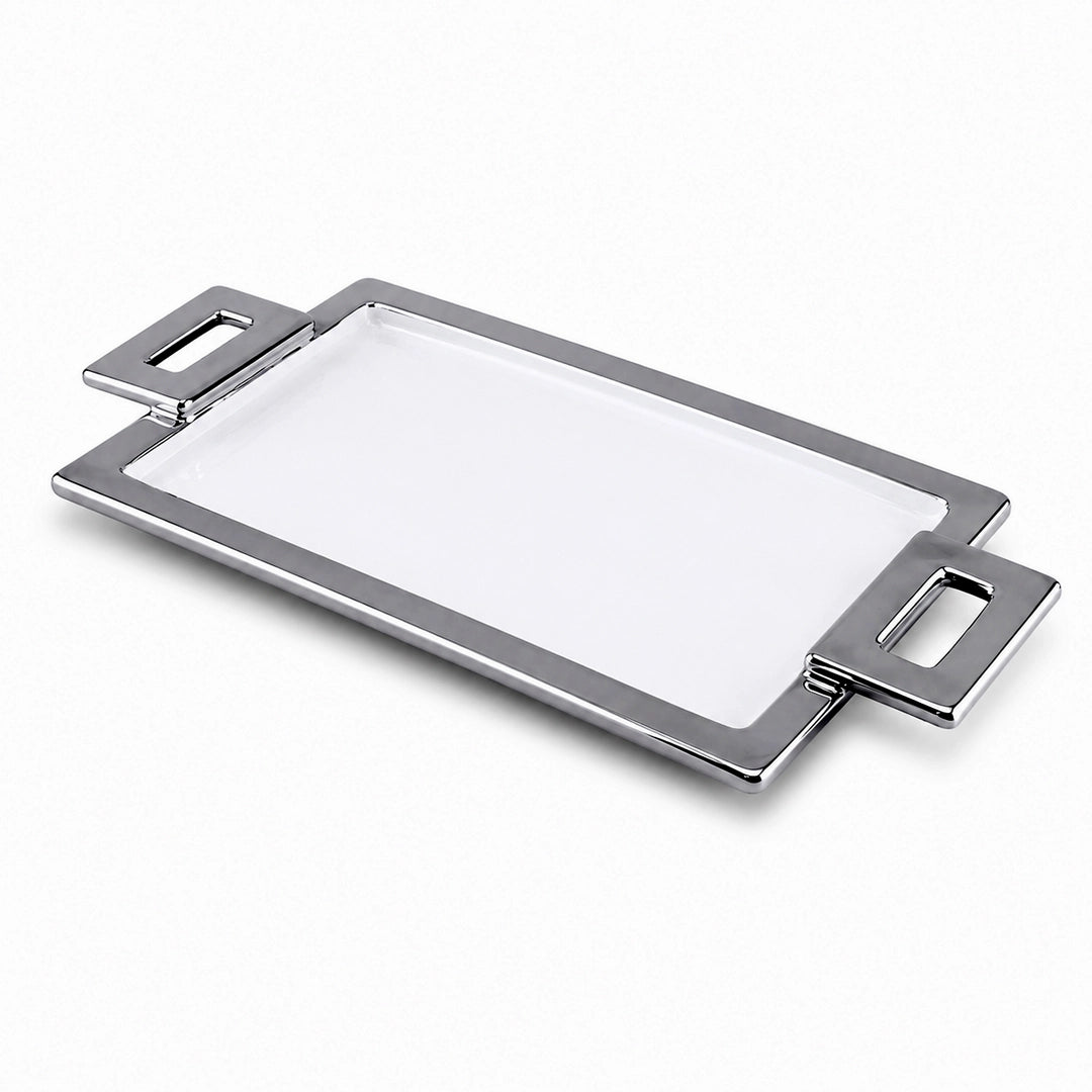 Brilliant Ceramic Rectangular Serving Tray With Silver Metal Handle | White And Silver | 15 Inch