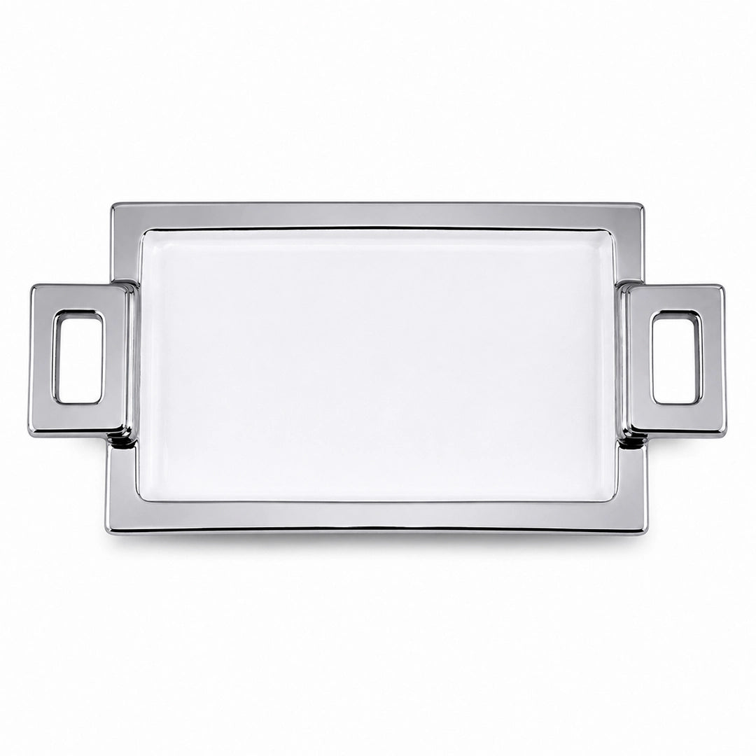 Brilliant Ceramic Rectangular Serving Tray With Silver Metal Handle | White And Silver | 15 Inch