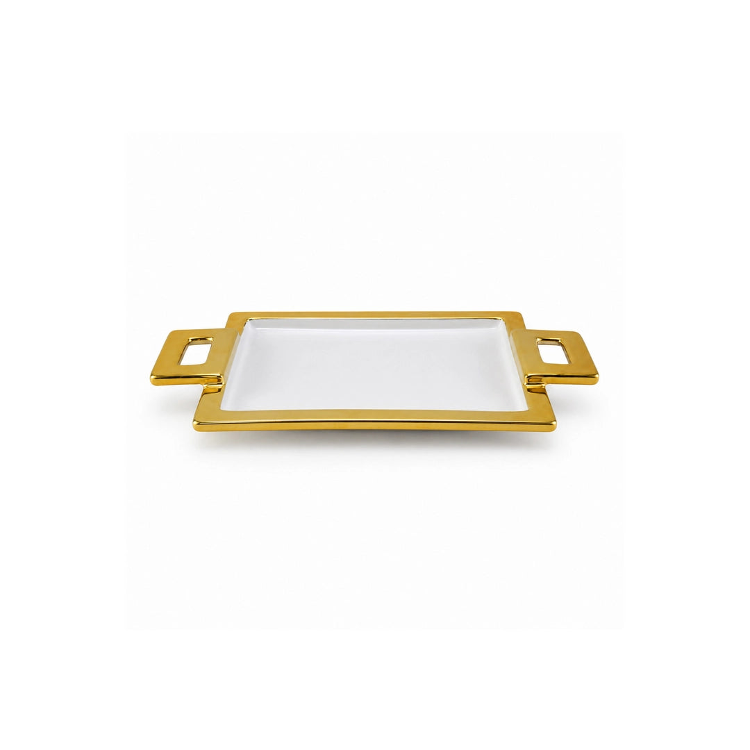 Brilliant Ceramic Rectangular Serving Tray With Gold Metal Stand | White And Gold | 8.75 Inch