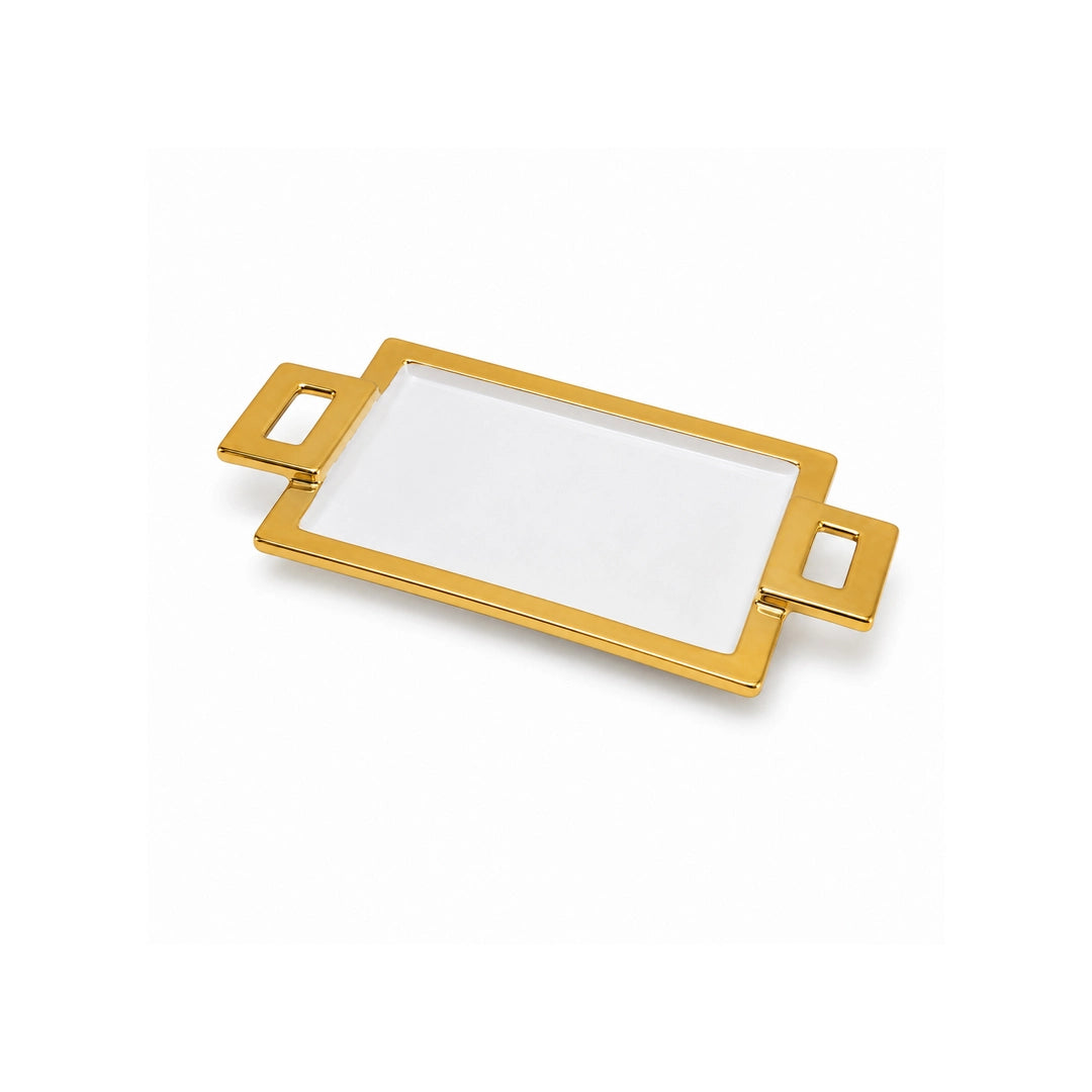 Brilliant Ceramic Rectangular Serving Tray With Gold Metal Stand | White And Gold | 8.75 Inch