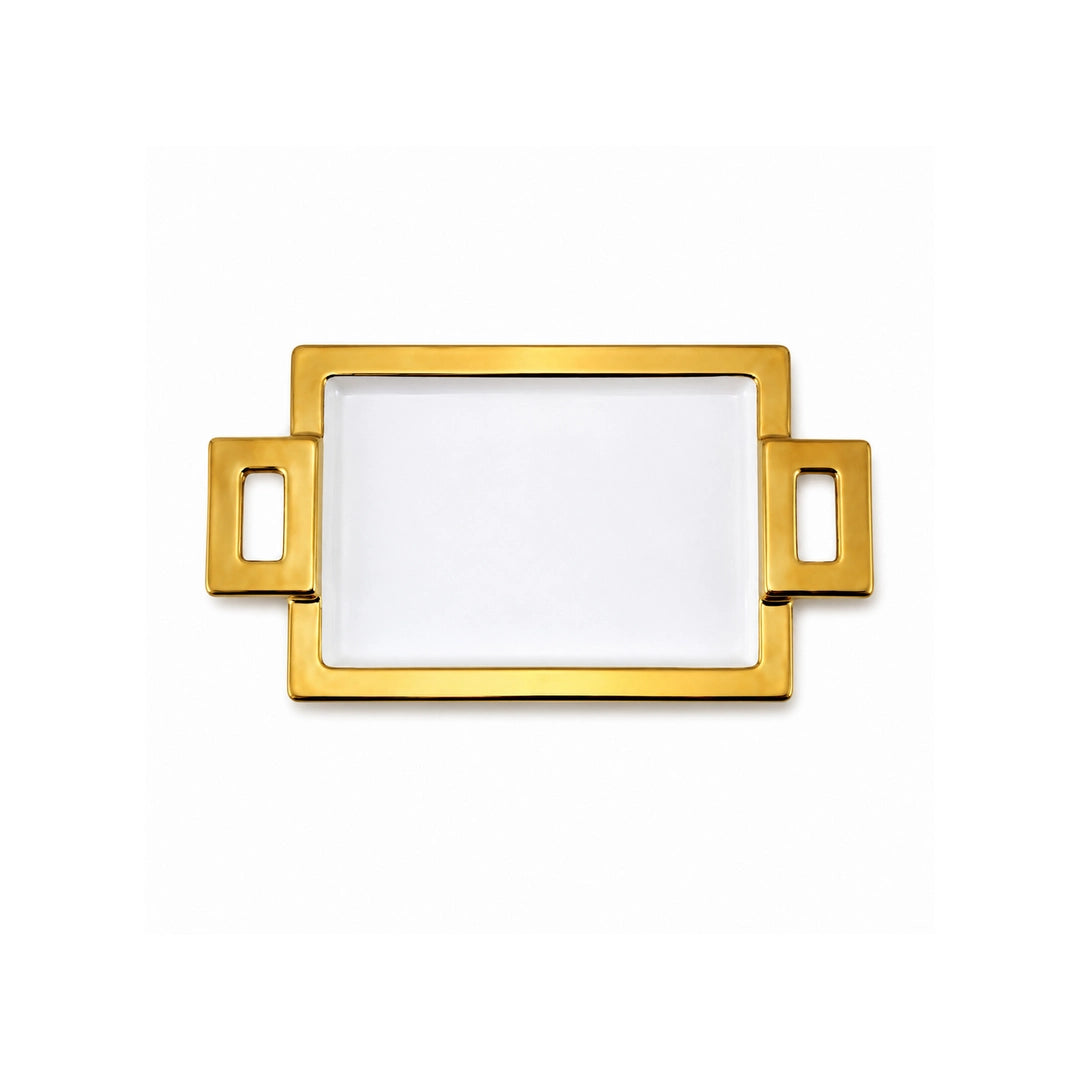 Brilliant Ceramic Rectangular Serving Tray With Gold Metal Stand | White And Gold | 8.75 Inch