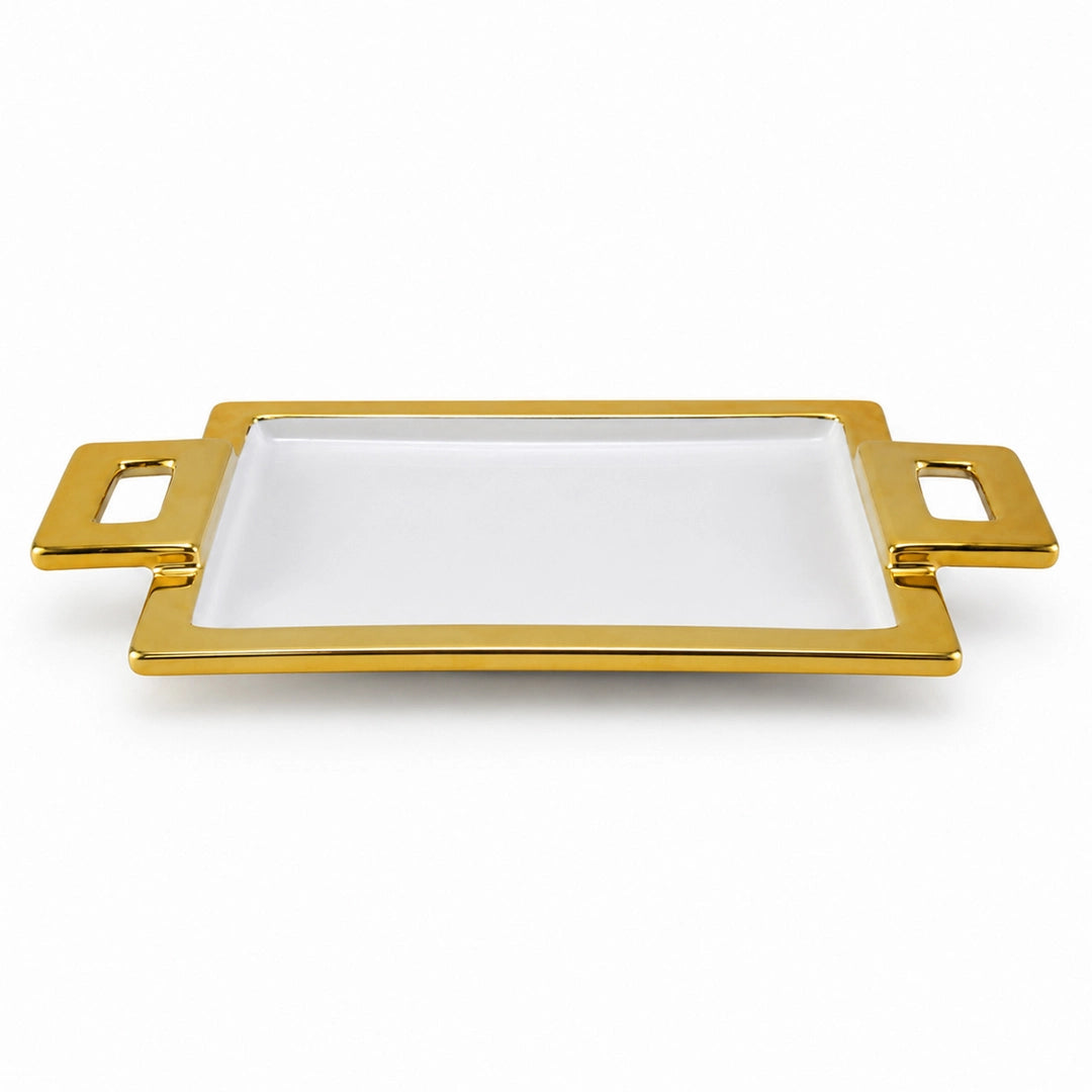 Brilliant Ceramic Rectangular Serving Tray With Gold Metal Handle | White And Gold | 15 Inch