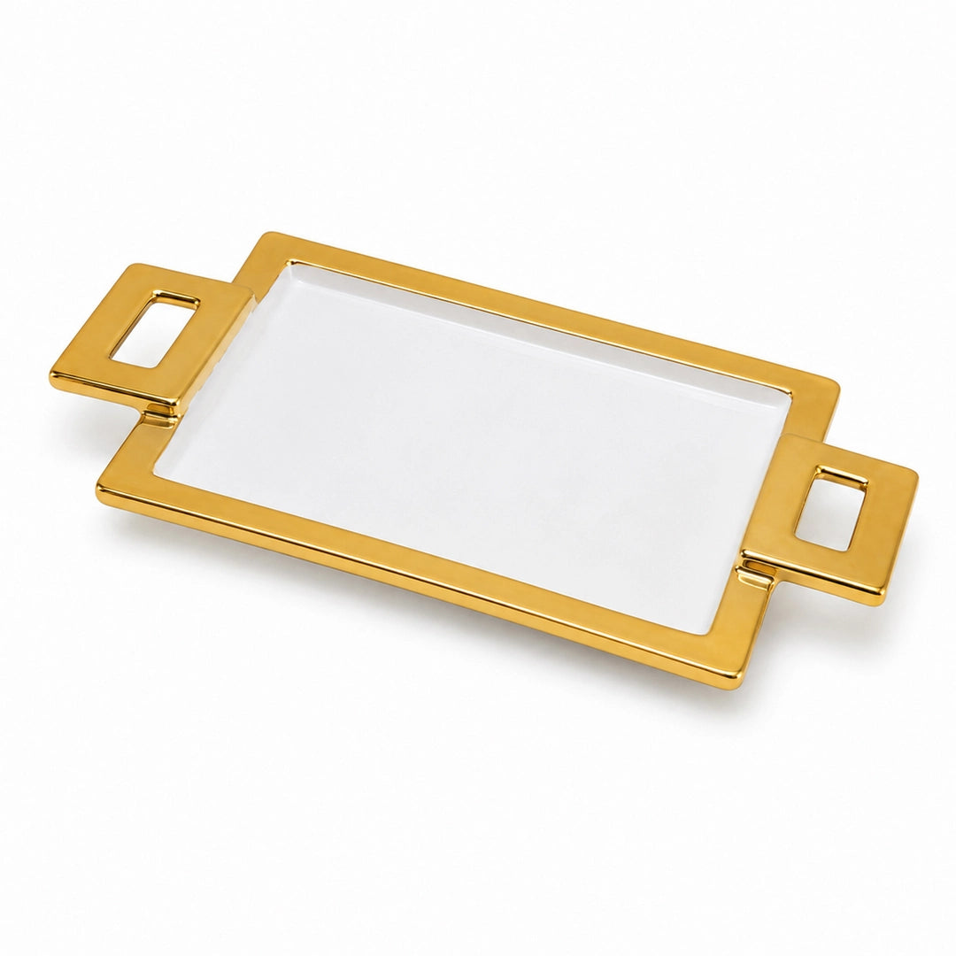 Brilliant Ceramic Rectangular Serving Tray With Gold Metal Handle | White And Gold | 15 Inch