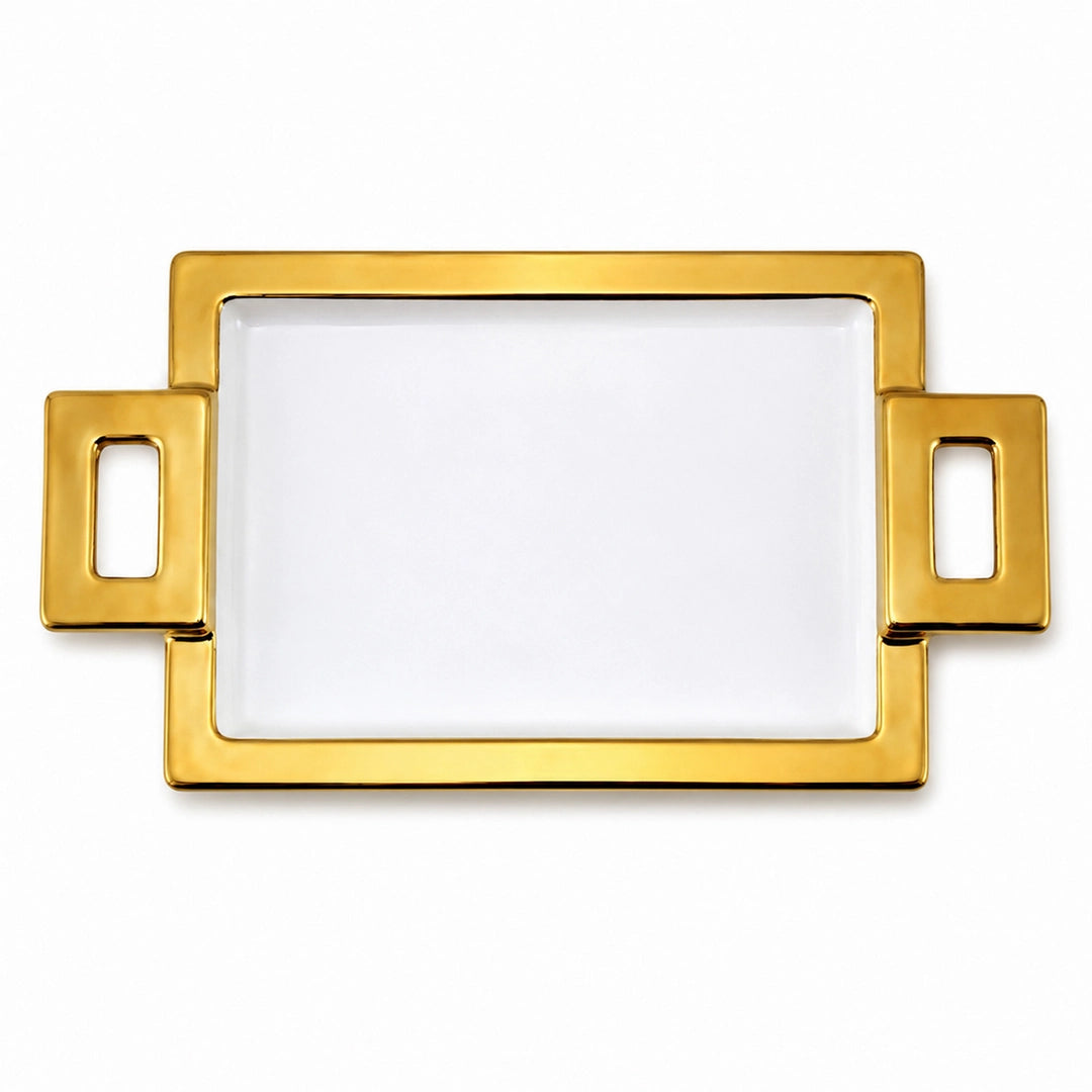 Brilliant Ceramic Rectangular Serving Tray With Gold Metal Handle | White And Gold | 15 Inch