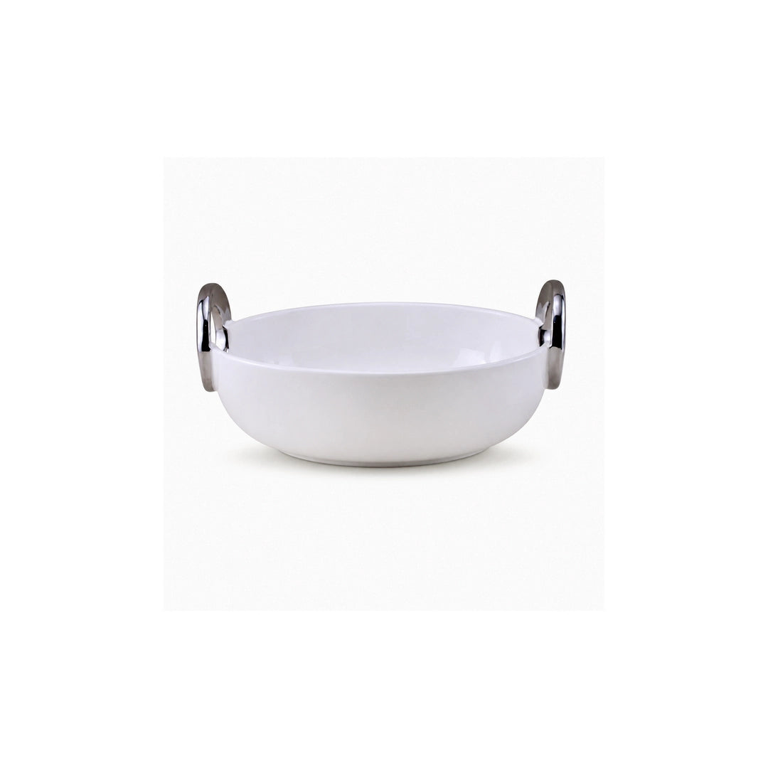 Brilliant Ceramic Oval Serving Dish With Silver Metal Handle | White And Silver | 10 Inch