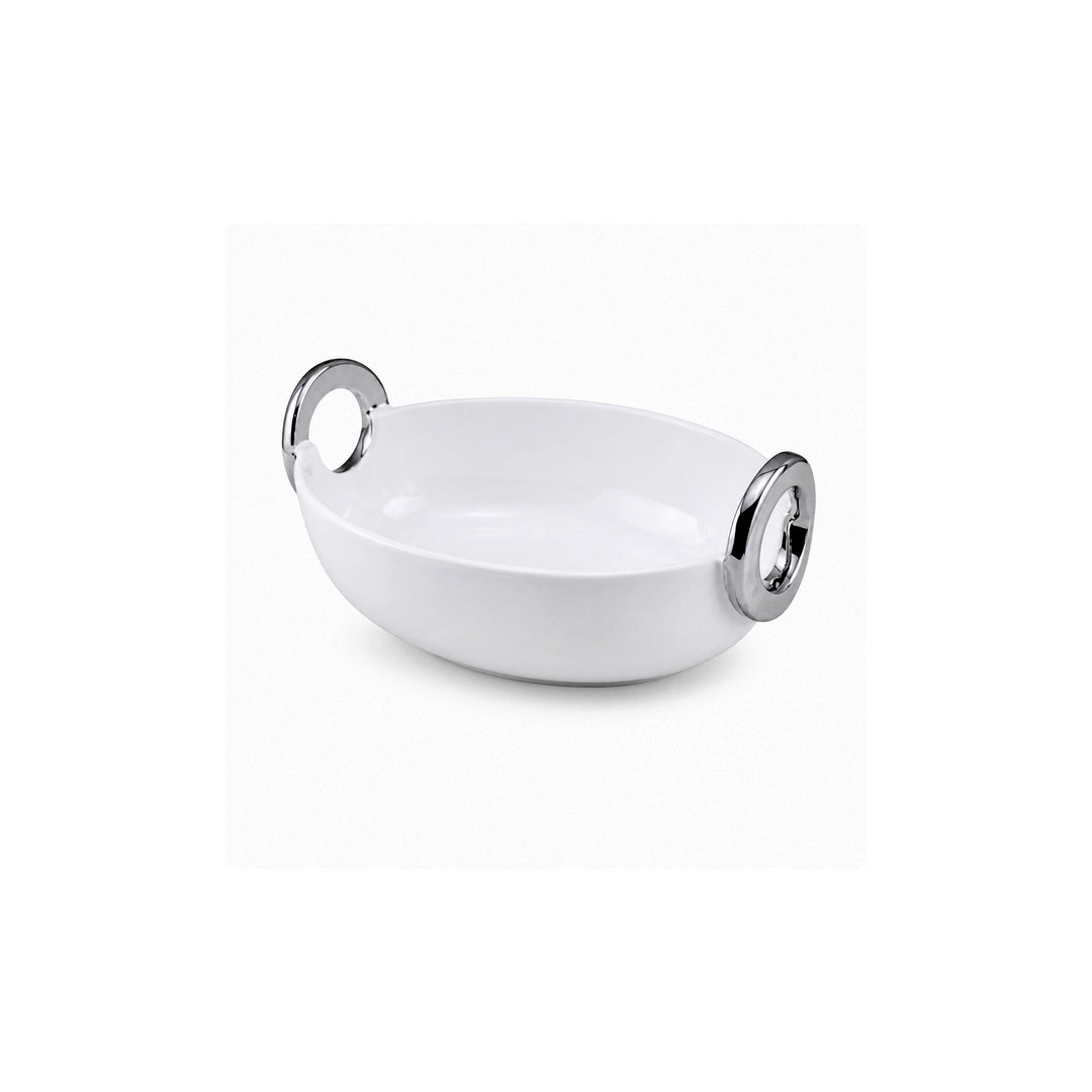 Brilliant Ceramic Oval Serving Dish With Silver Metal Handle | White And Silver | 10 Inch