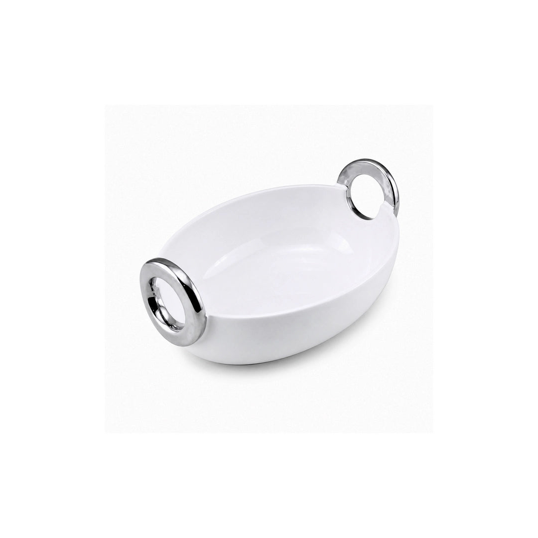 Brilliant Ceramic Oval Serving Dish With Silver Metal Handle | White And Silver | 10 Inch