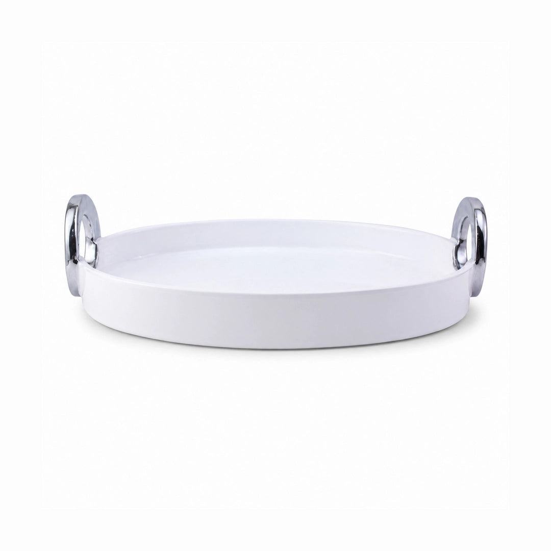 Brilliant Ceramic Oval Serving Dish With Silver Handle | White And Silver | 12 Inch