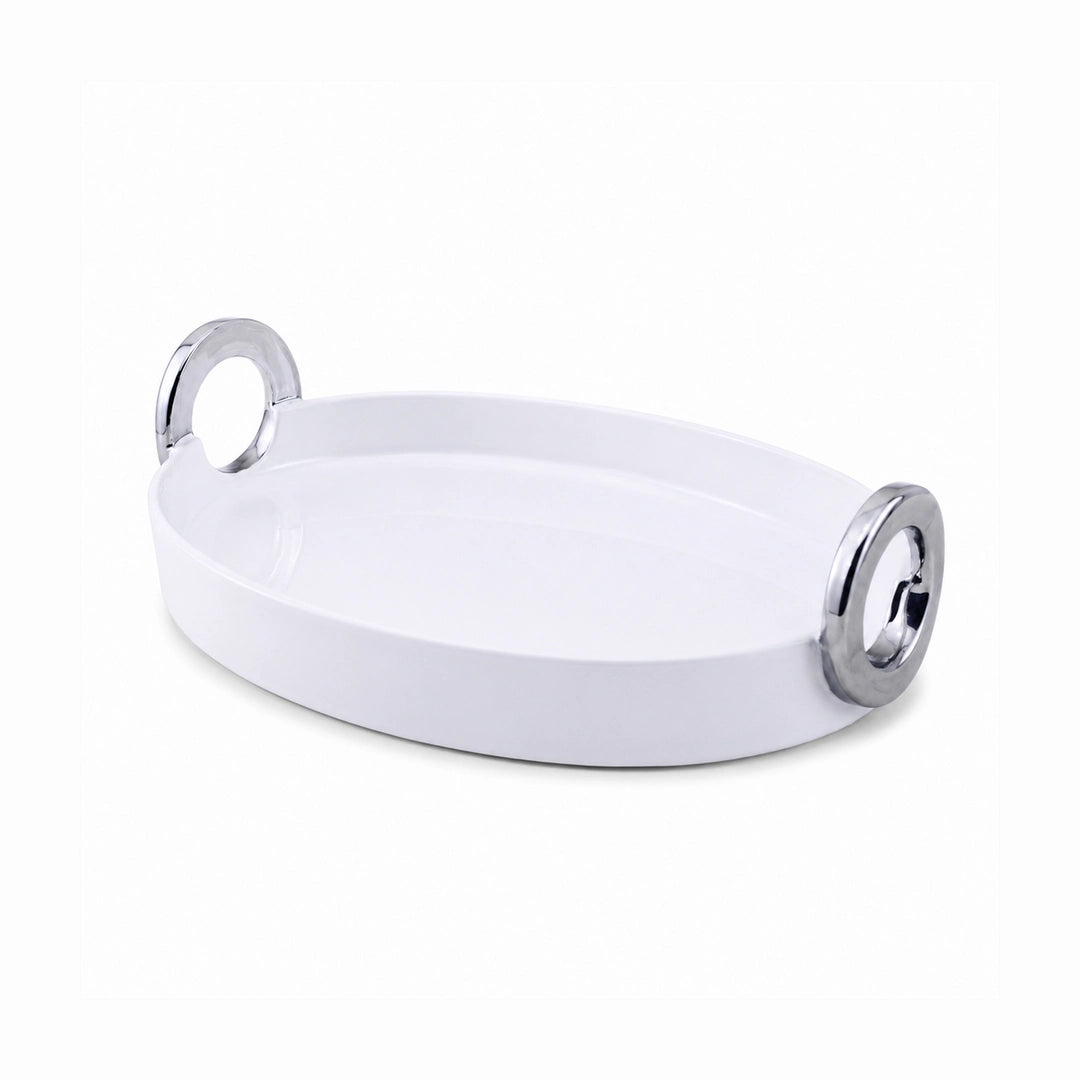 Brilliant Ceramic Oval Serving Dish With Silver Handle | White And Silver | 12 Inch