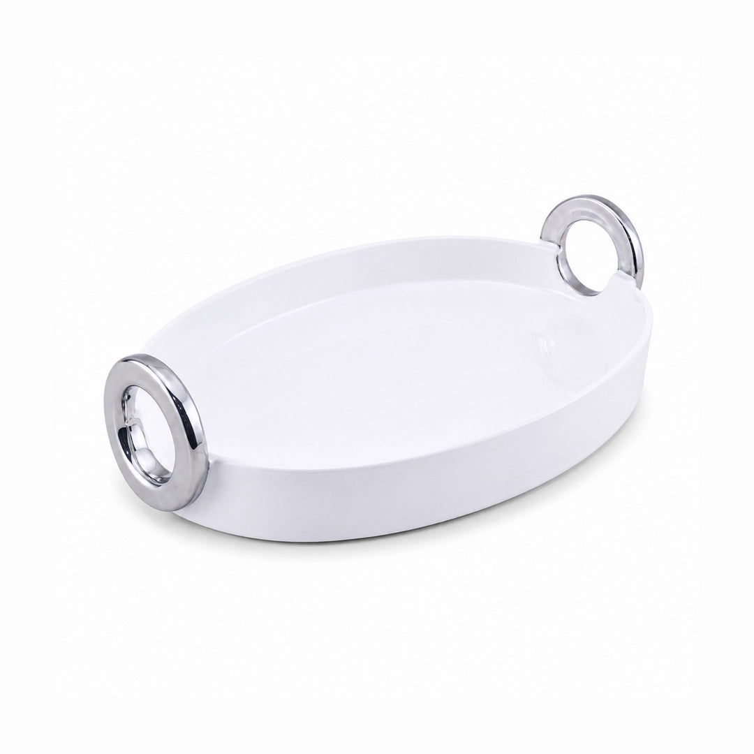 Brilliant Ceramic Oval Serving Dish With Silver Handle | White And Silver | 12 Inch