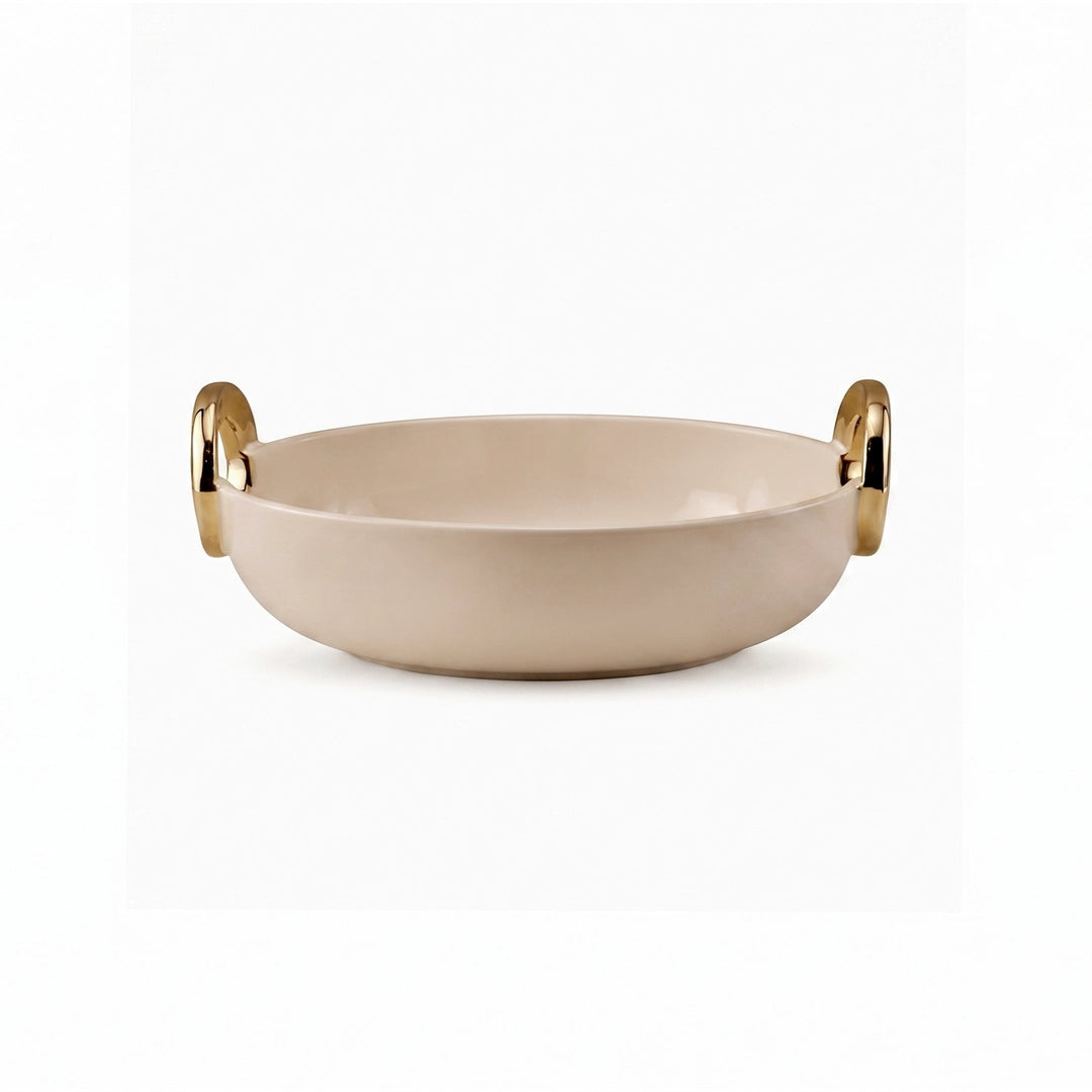 Brilliant Ceramic Oval Serving Dish With Gold Handle | Beige And Gold | 10 Inch