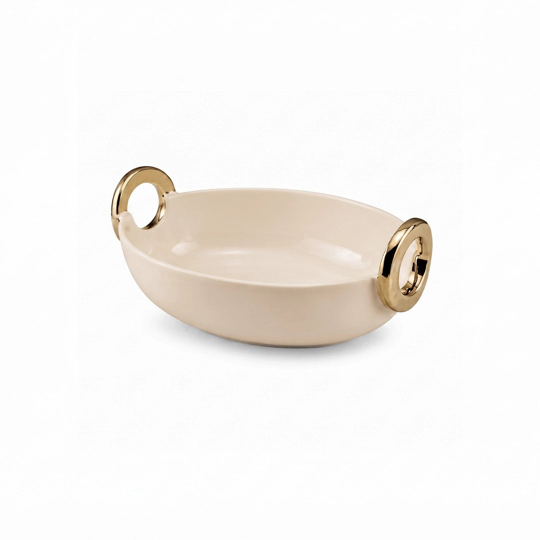 Brilliant Ceramic Oval Serving Dish With Gold Handle | Beige And Gold | 10 Inch