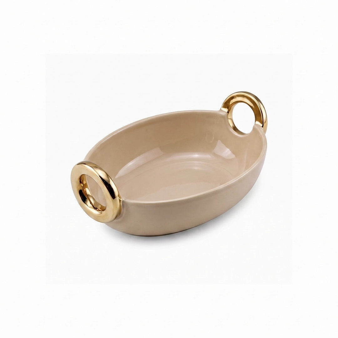 Brilliant Ceramic Oval Serving Dish With Gold Handle | Beige And Gold | 10 Inch