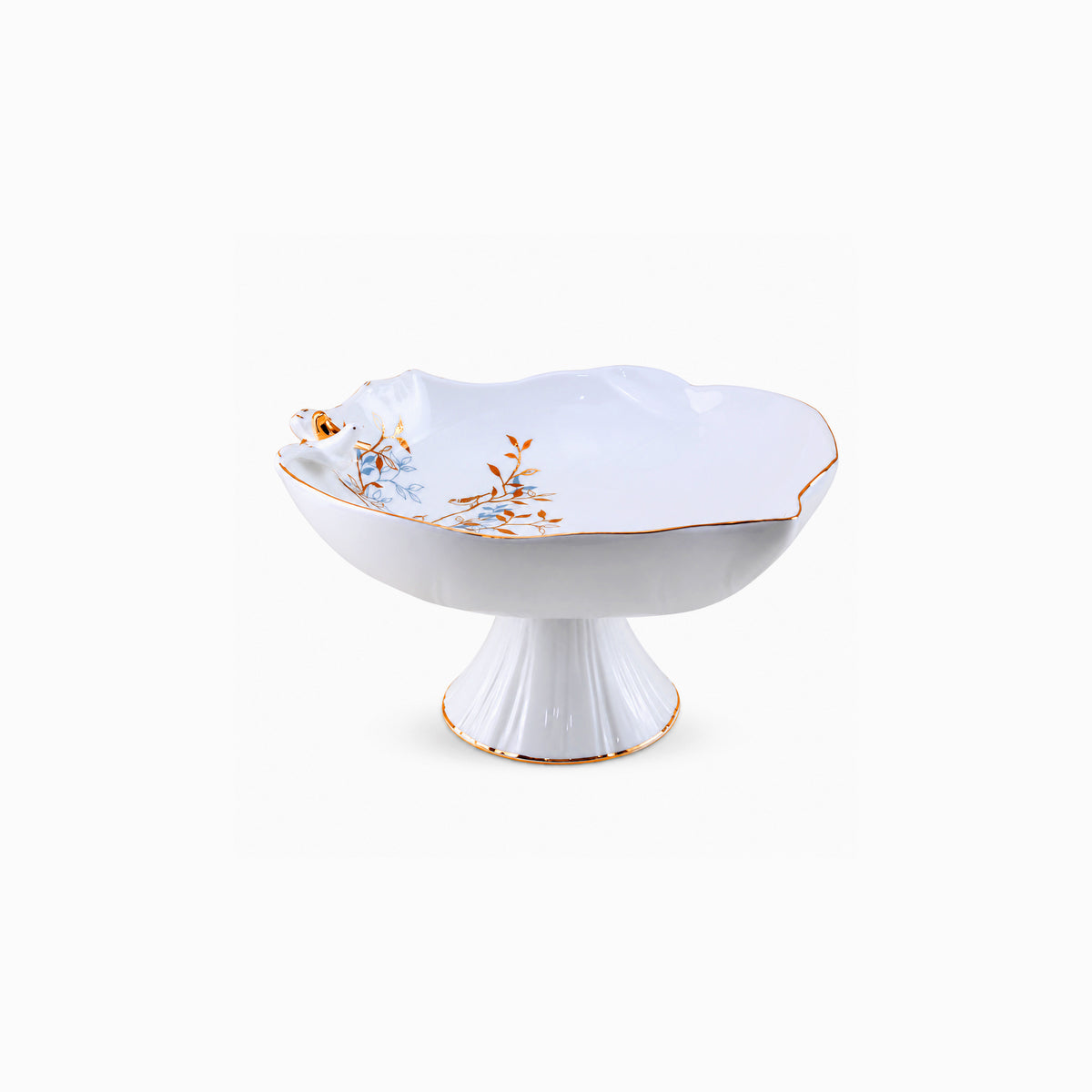 Angela Ceramic Oval Serving Bowl | White & Gold Bird Design | 12 Inch