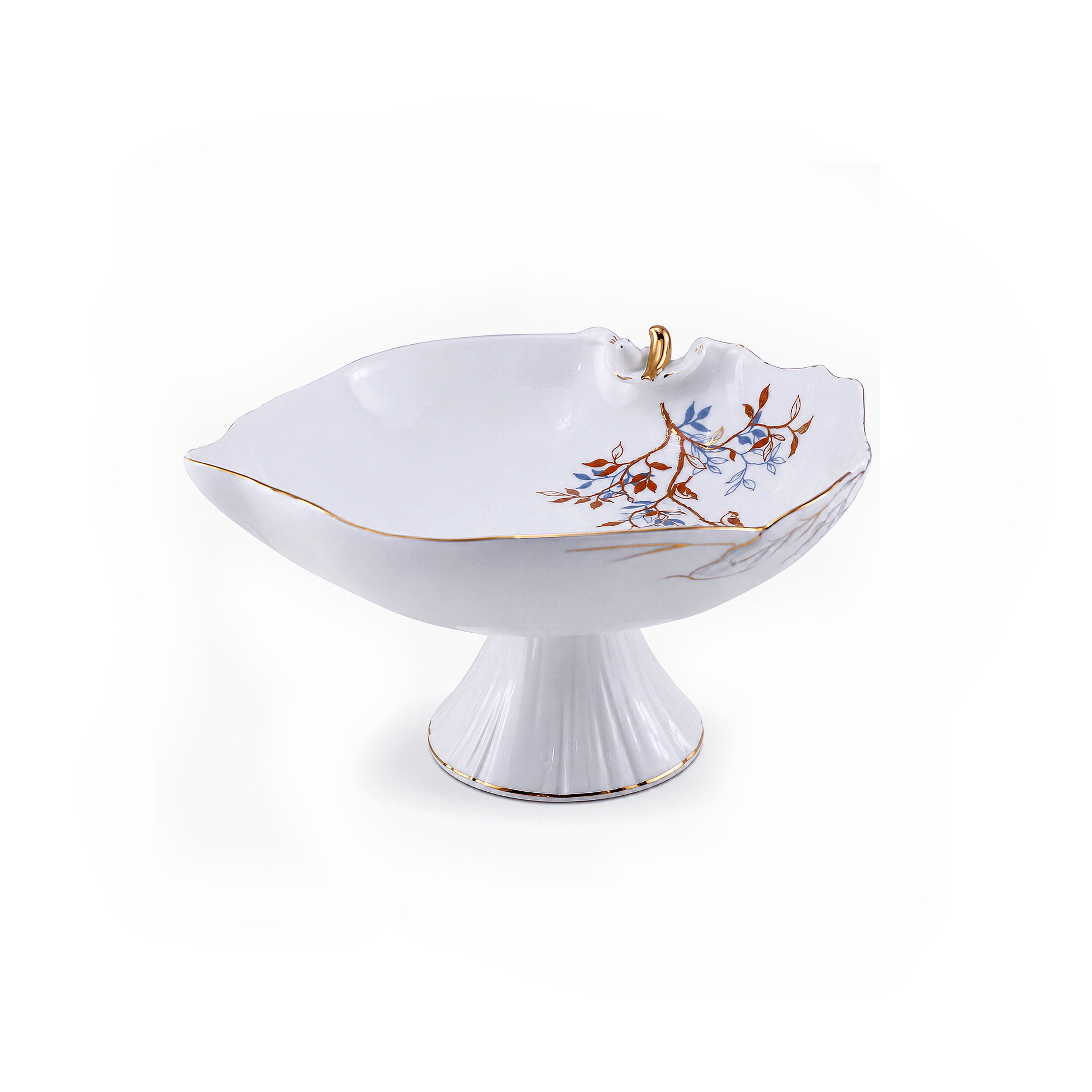 Angela Ceramic Oval Serving Bowl | White & Gold Bird Design | 12 Inch