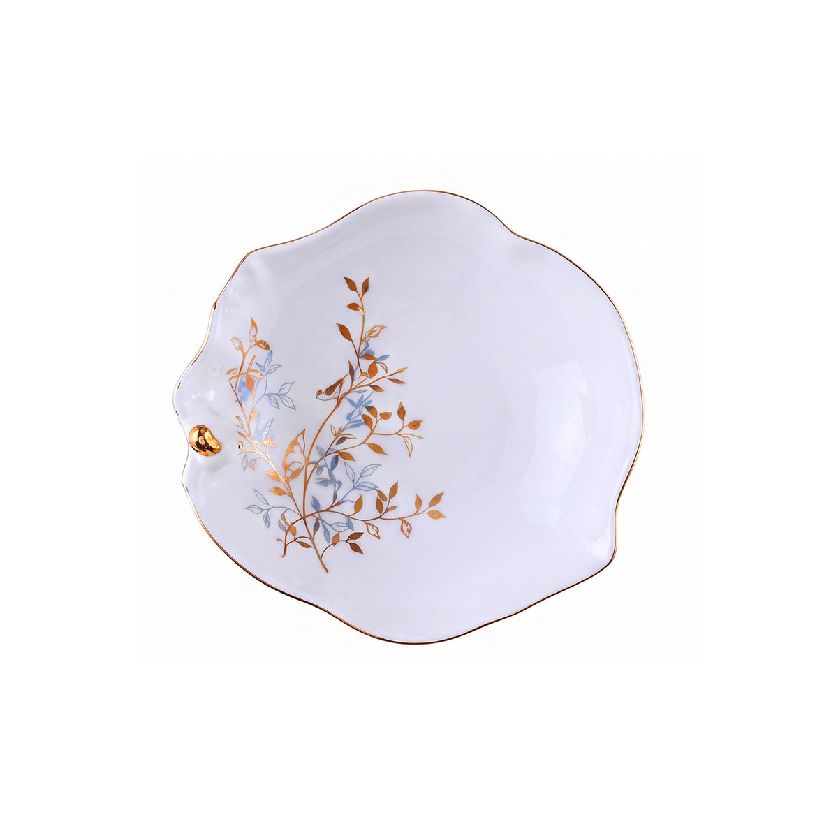 Angela Ceramic Oval Serving Bowl | White & Gold Bird Design | 12 Inch