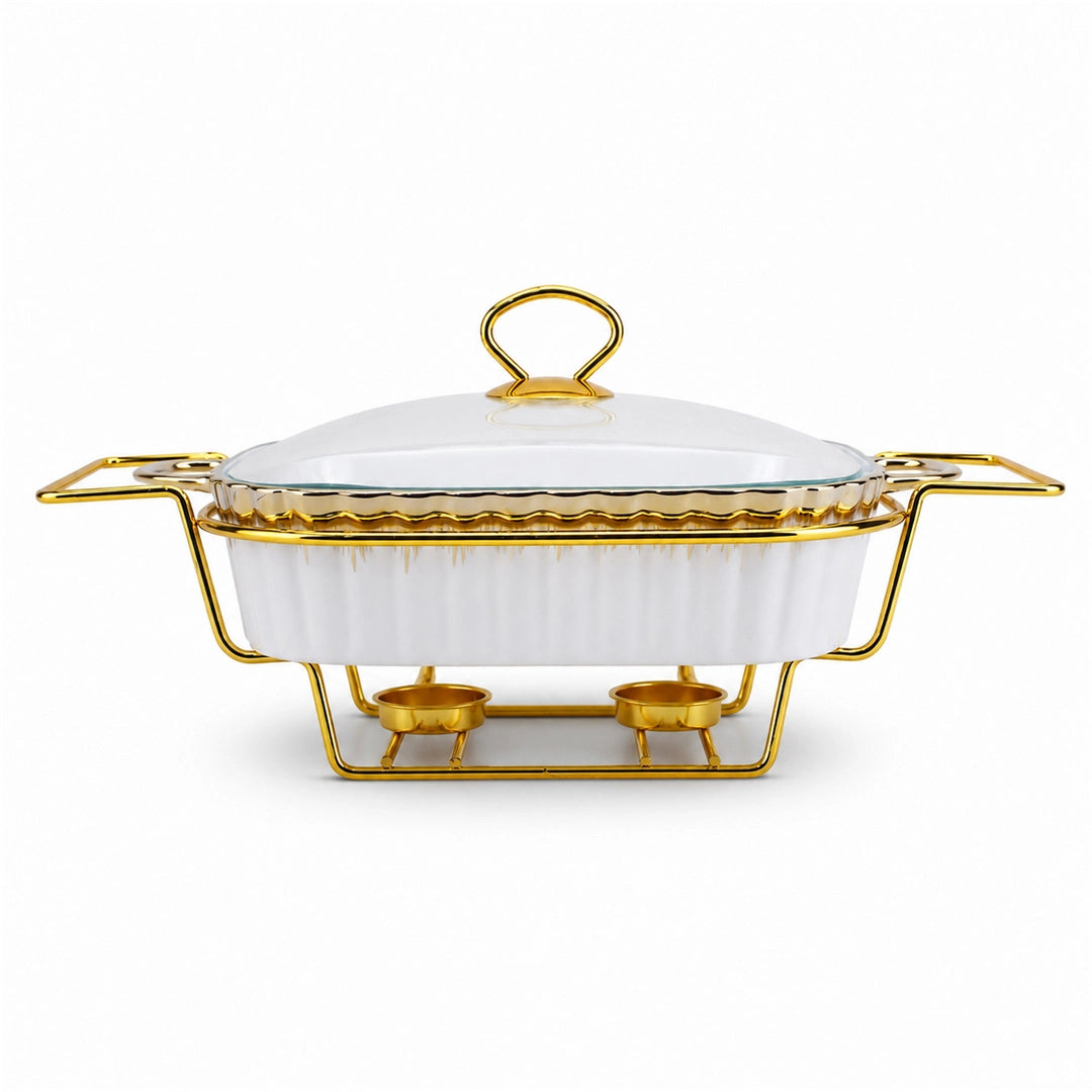 Brilliant Ceramic Rectangular Food Warmer With Gold Stand And Glass Lid | White And Gold | 13 Inch