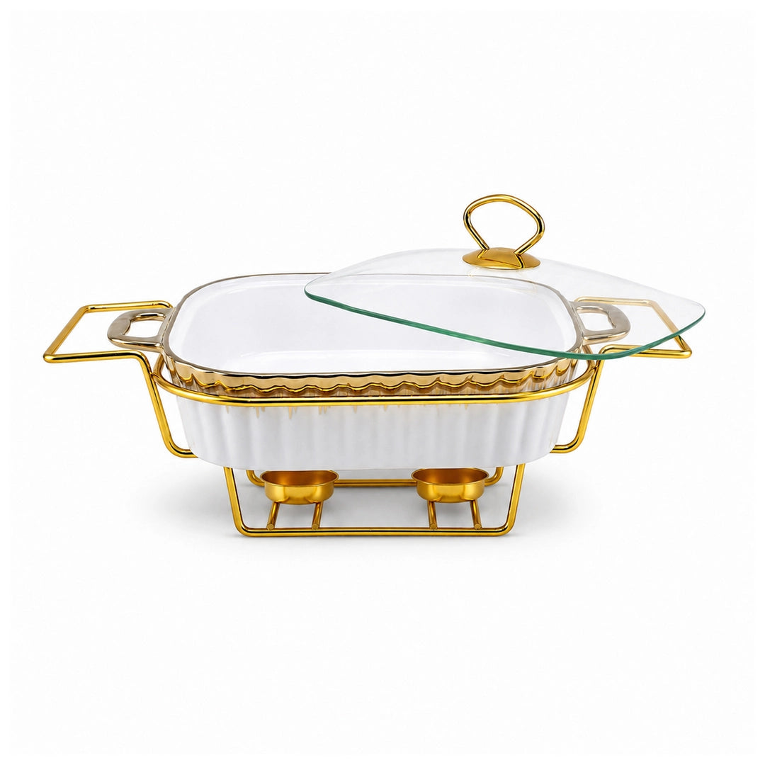 Brilliant Ceramic Rectangular Food Warmer With Gold Stand And Glass Lid | White And Gold | 13 Inch