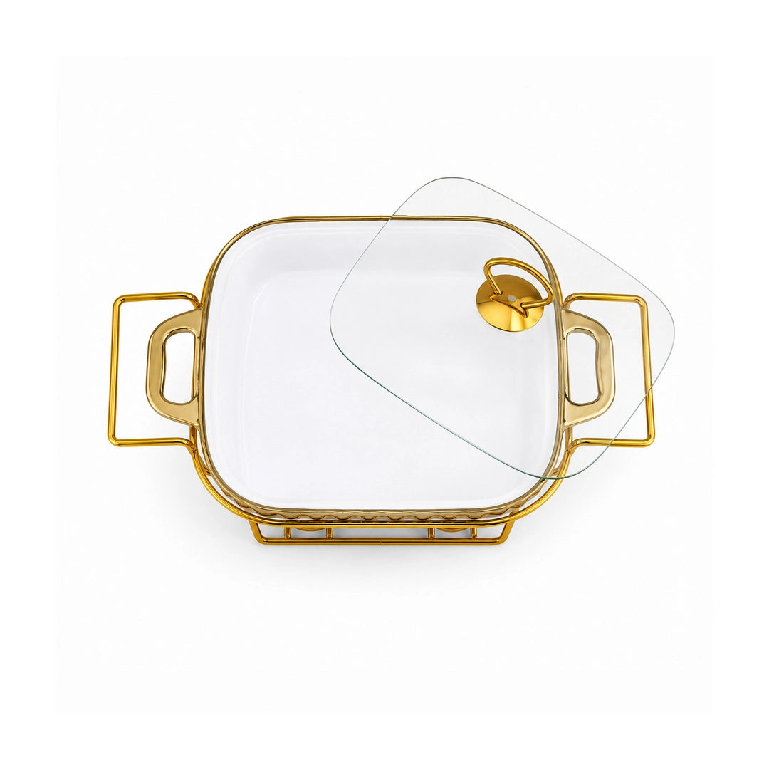 Brilliant Ceramic Rectangular Food Warmer With Gold Stand And Glass Lid | White And Gold | 13 Inch