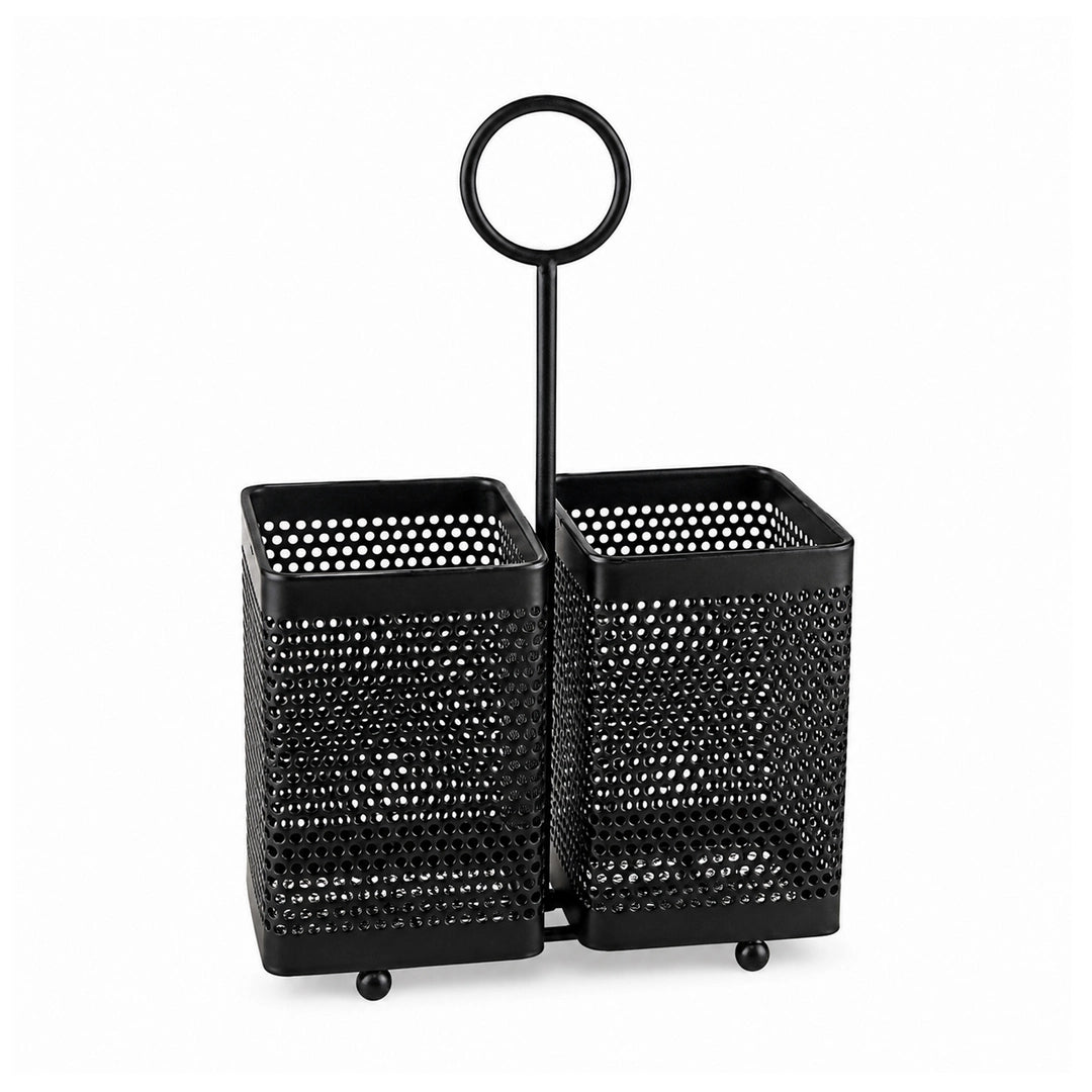 Fancy Square Utensil Holder Set - Black | 2 Compartments