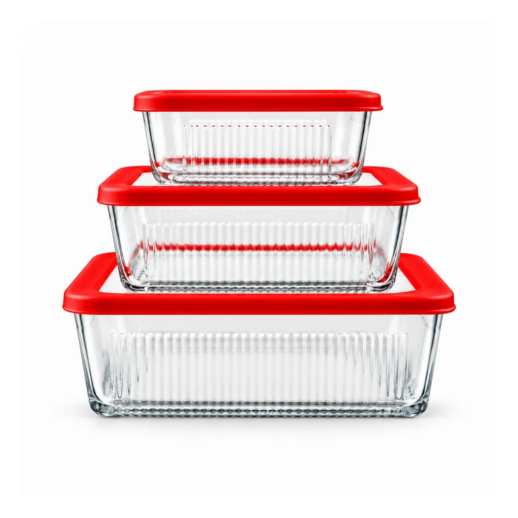 Limon 3-Piece Glass Rectangular Lunch Box Set | Red