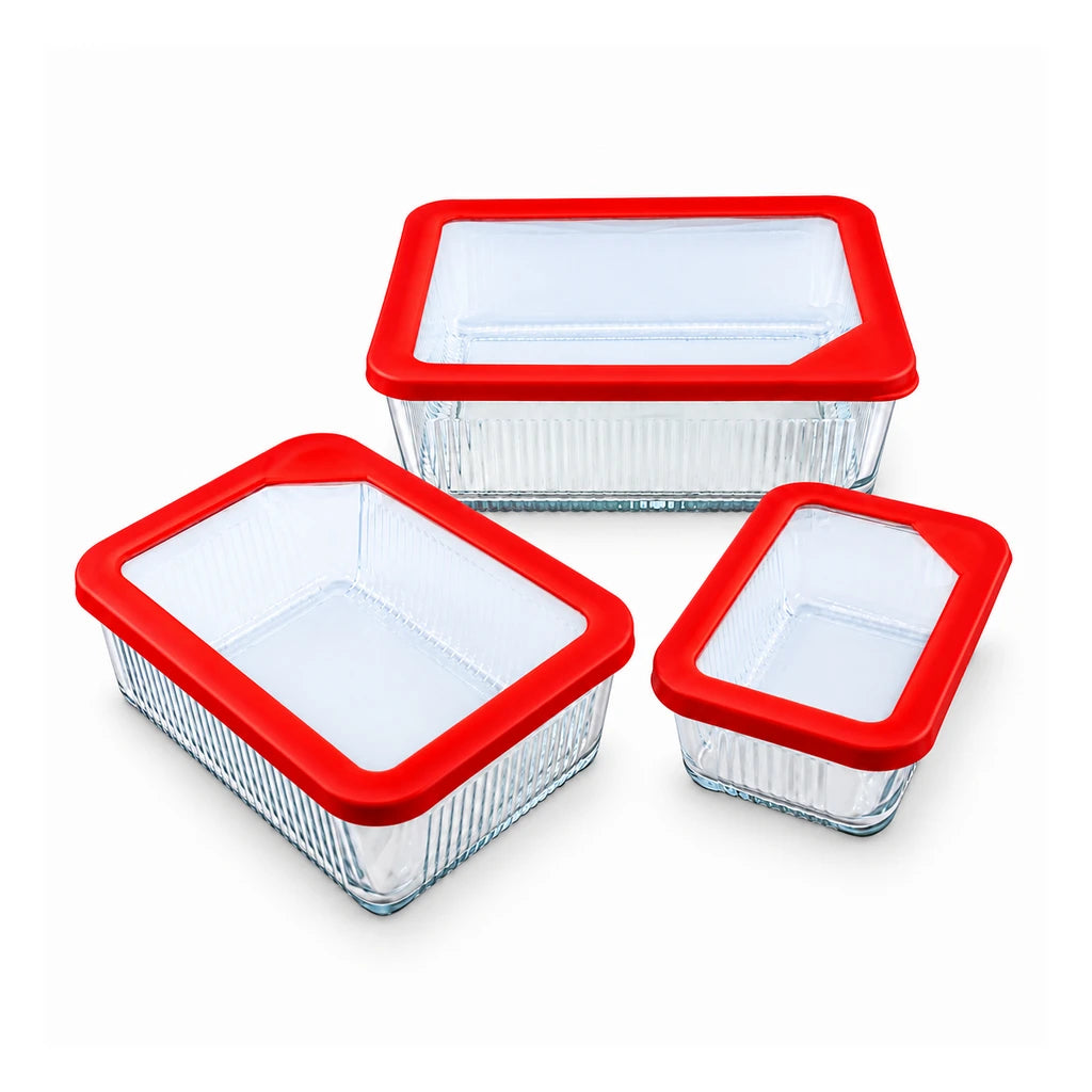 Limon 3-Piece Glass Rectangular Lunch Box Set | Red