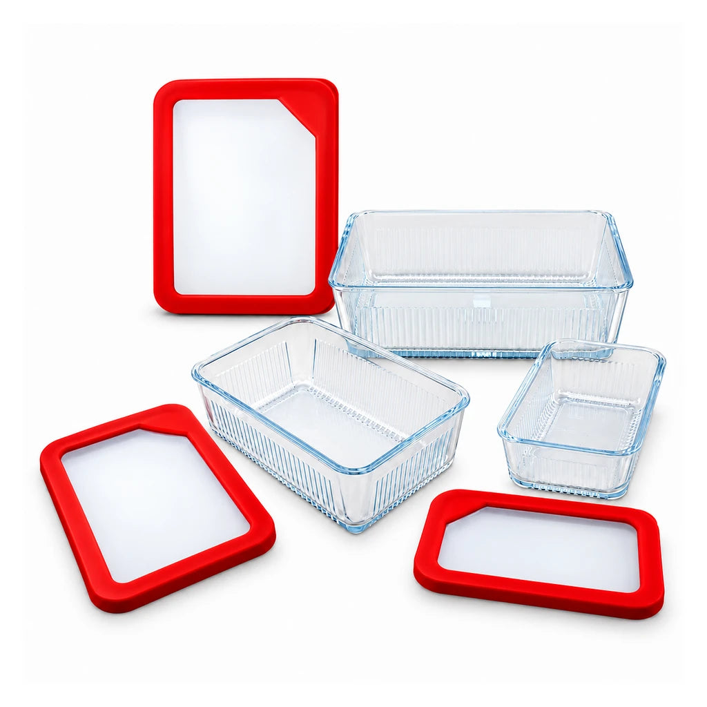 Limon 3-Piece Glass Rectangular Lunch Box Set | Red