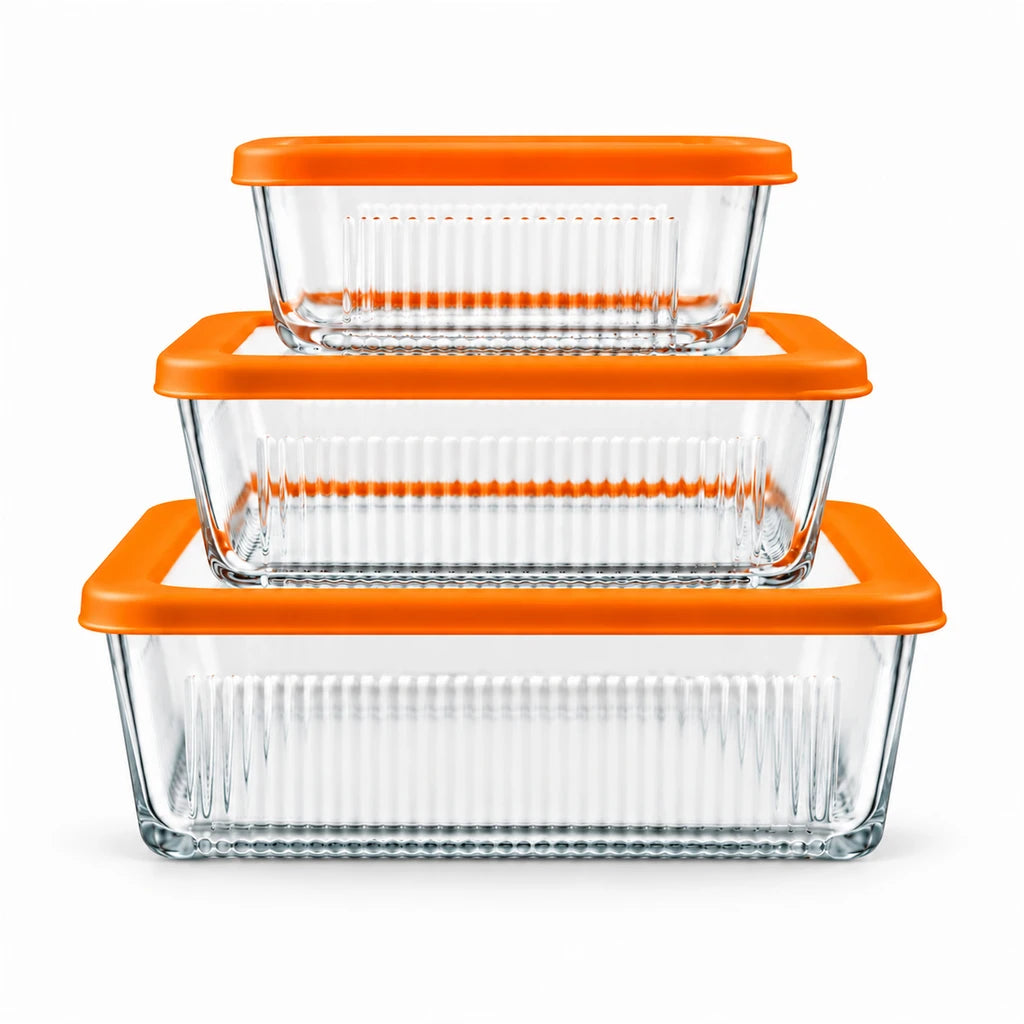 Limon 3-Piece Glass Rectangular Lunch Box Set | Orange