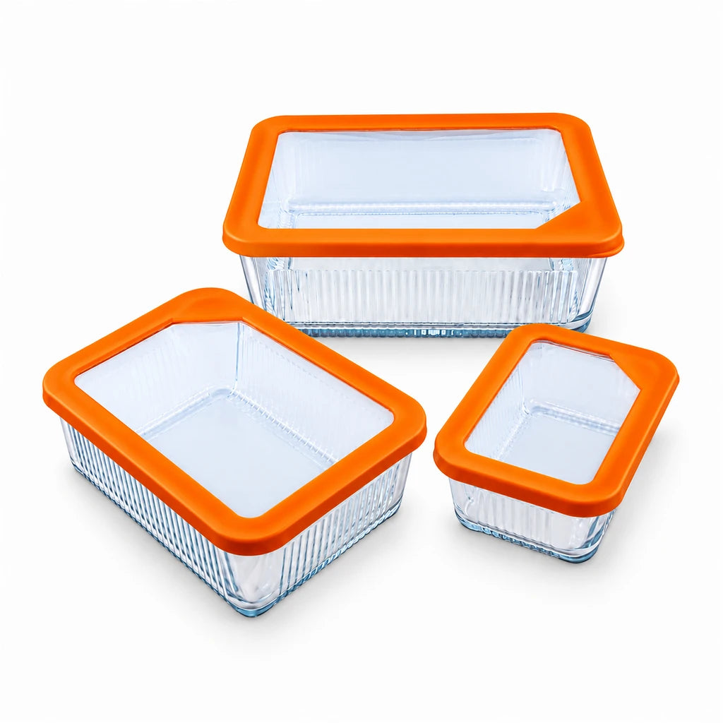 Limon 3-Piece Glass Rectangular Lunch Box Set | Orange