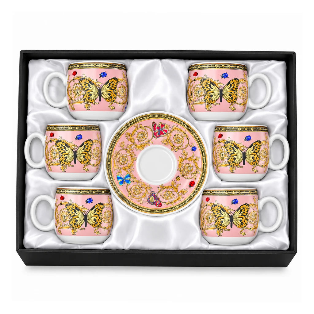 Royal 12-Piece Cup & Saucer Set | Pink & Gold Butterfly Garden Design