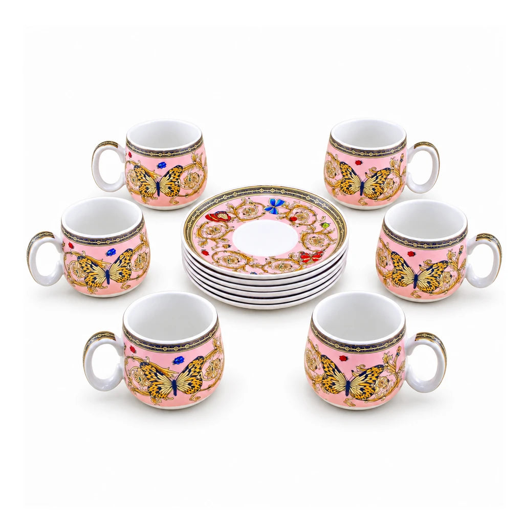 Royal 12-Piece Cup & Saucer Set | Pink & Gold Butterfly Garden Design