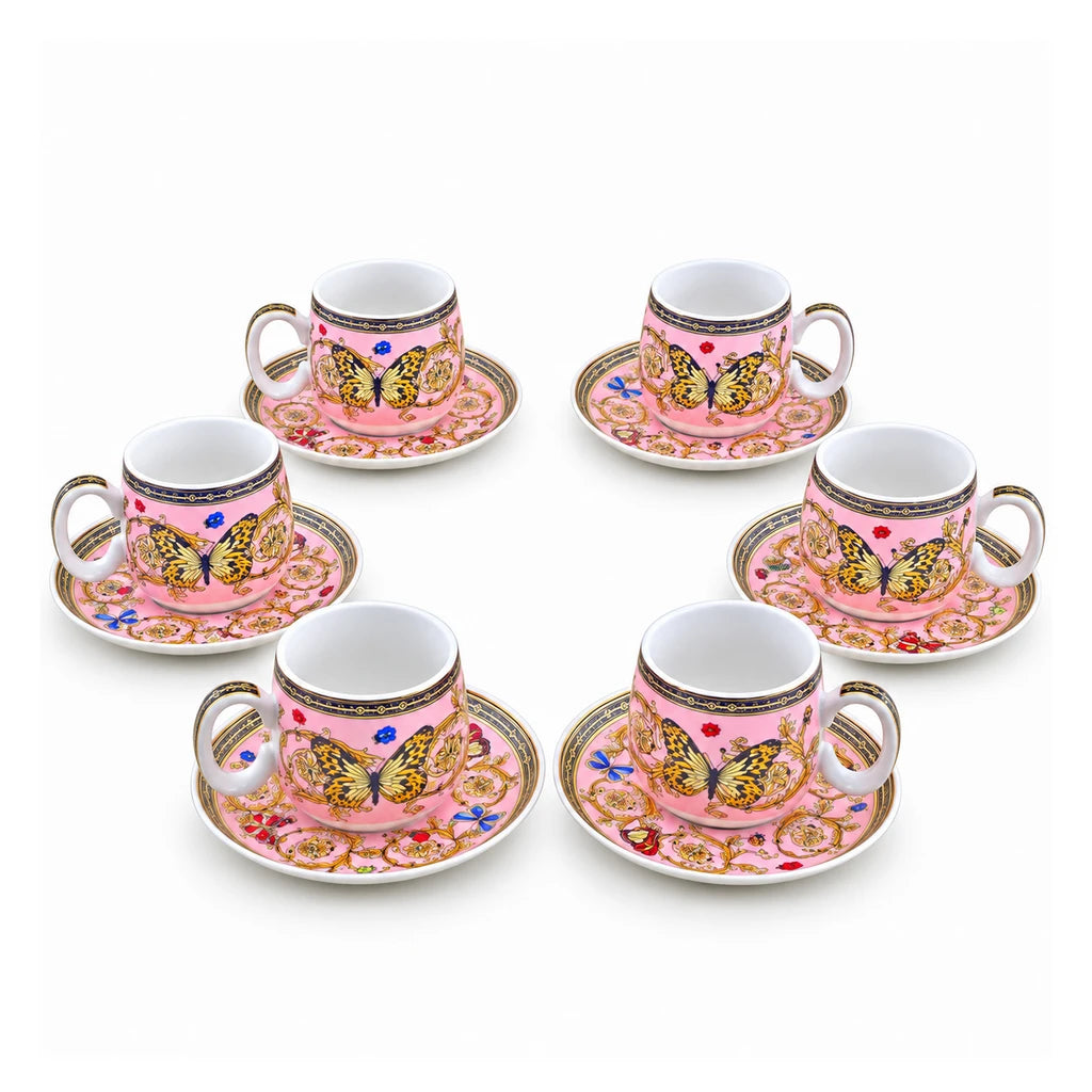 Royal 12-Piece Cup & Saucer Set | Pink & Gold Butterfly Garden Design