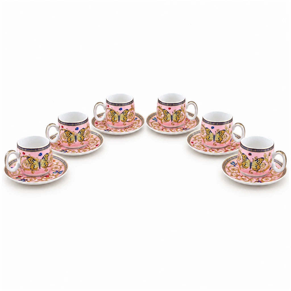 Royal 12-Piece Cup & Saucer Set | Pink & Gold Butterfly Garden Design