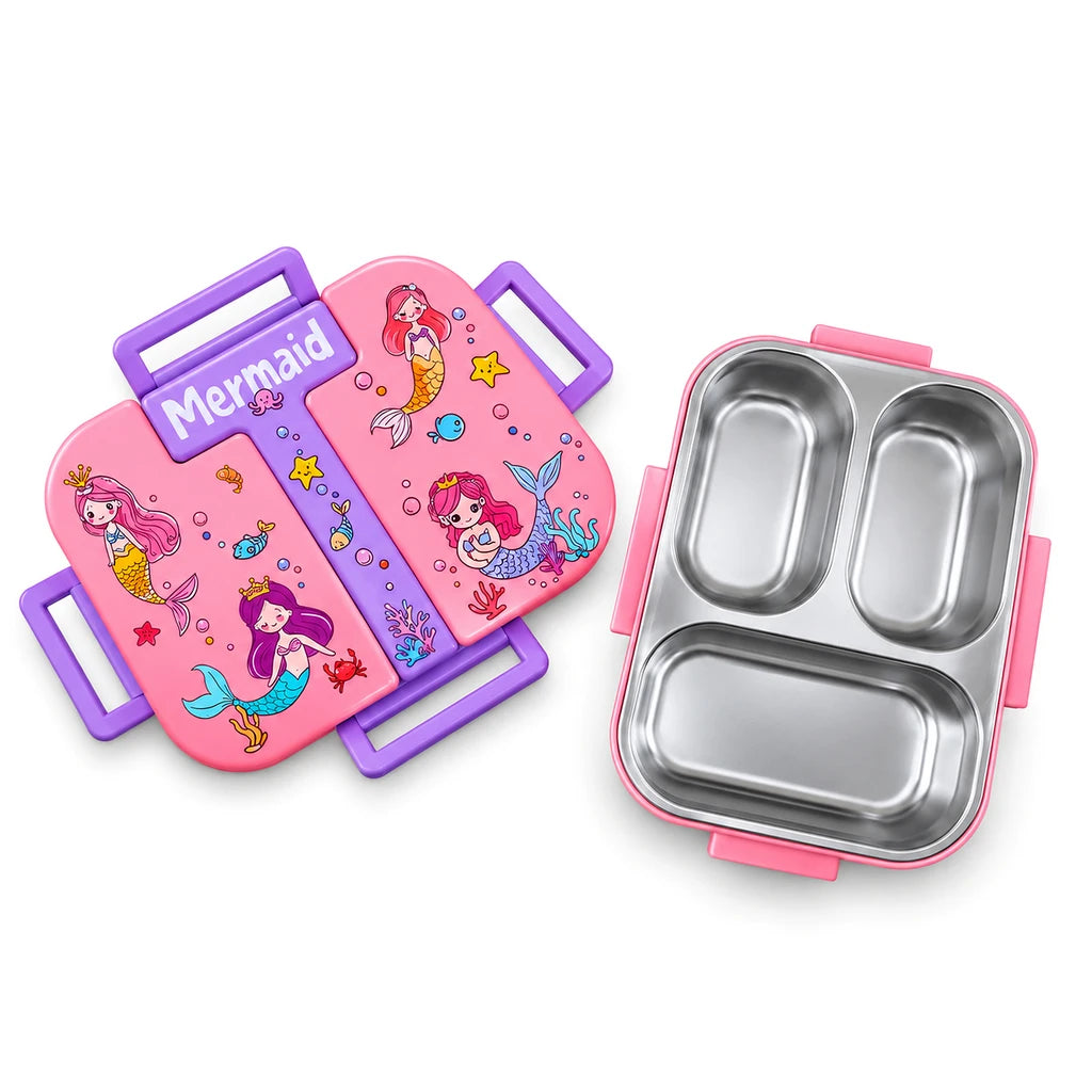 Laxson 3-Compartment 600 ML Stainless Steel Lunch Box | Pink Mermaid Design
