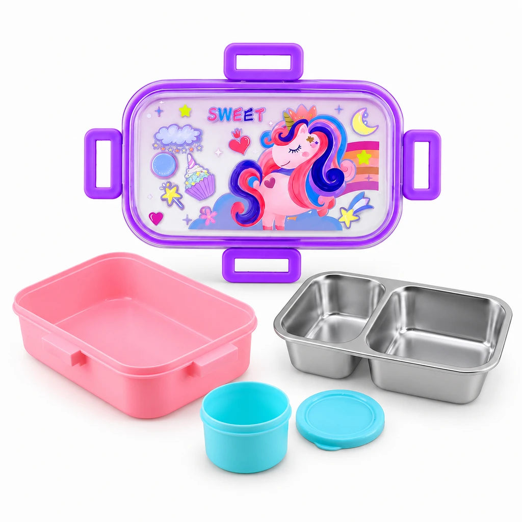 Laxson 700 ML 2-Compartment Stainless Steel Lunch Box with Sauce Pot | Sweet Unicorn Design