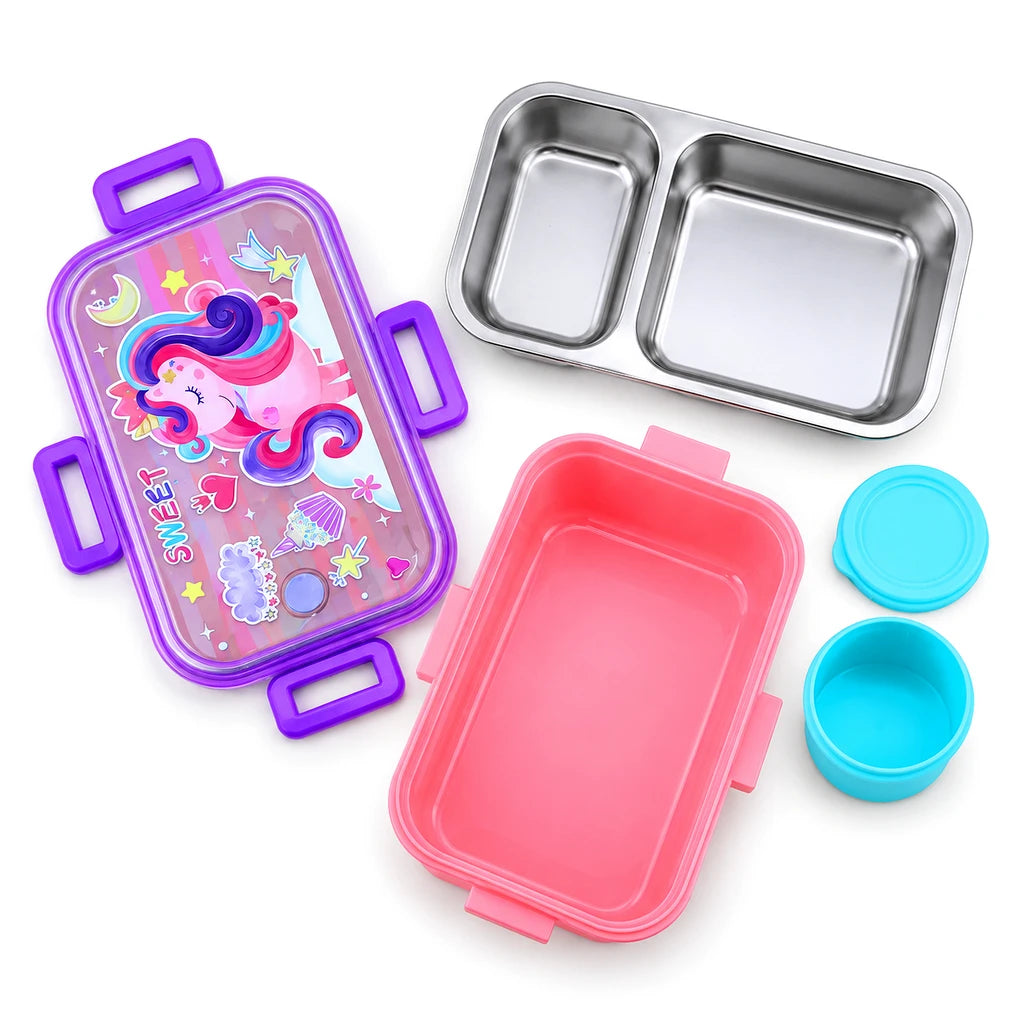 Laxson 700 ML 2-Compartment Stainless Steel Lunch Box with Sauce Pot | Sweet Unicorn Design