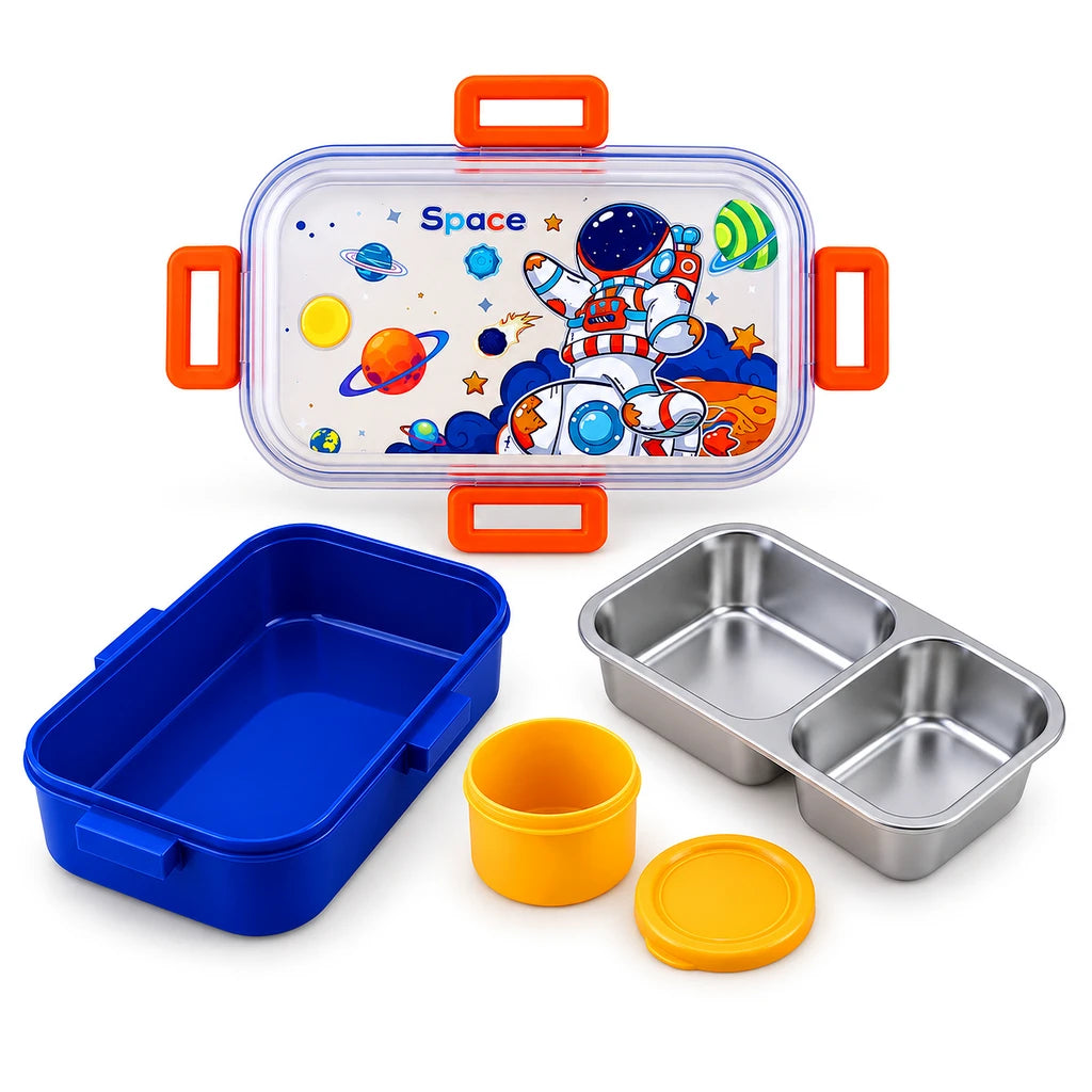 IQIX 700 ML 2-Compartment Stainless Steel Lunch Box with Sauce Pot | Space Astronaut Design