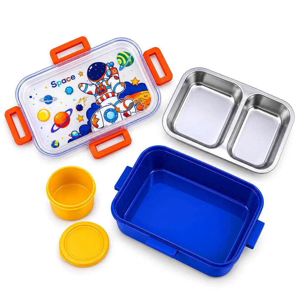 IQIX 700 ML 2-Compartment Stainless Steel Lunch Box with Sauce Pot | Space Astronaut Design