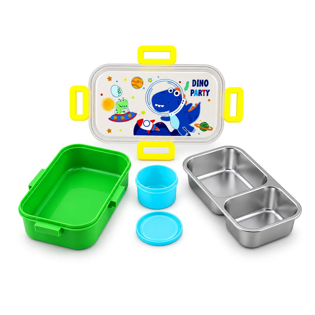 IQIX 700 ML 2-Compartment Stainless Steel Lunch Box with Sauce Pot | Dino Party Design