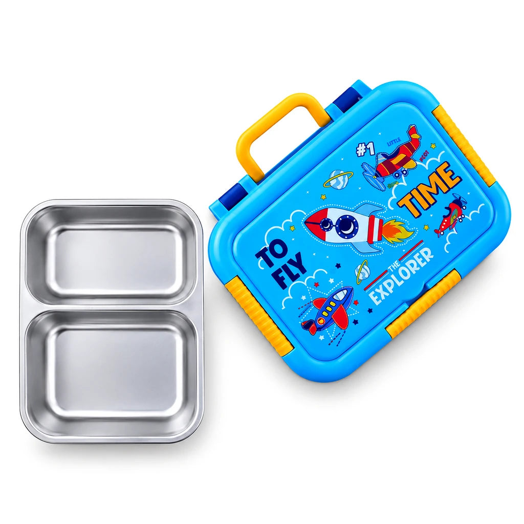 IQIX 800 ML 2-Compartment Stainless Steel Lunch Box | Time to Fly Explorer Design