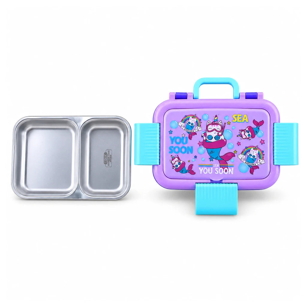 IQIX 800 ML Flip-Top 5-Section Stainless Steel Lunch Box | Purple Mermaid Design