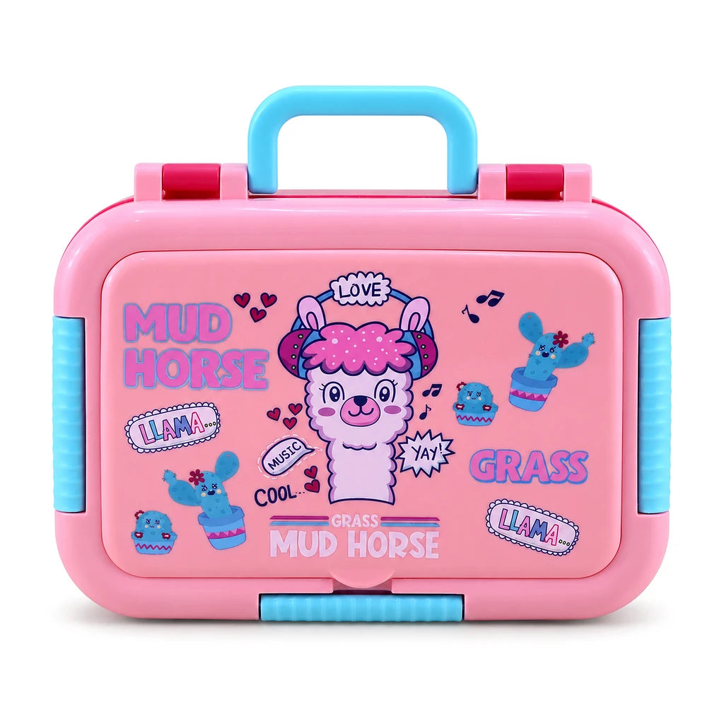 IQIX 800 ML Flip-Top 5-Section Stainless Steel Lunch Box | Pink Mud Horse Design