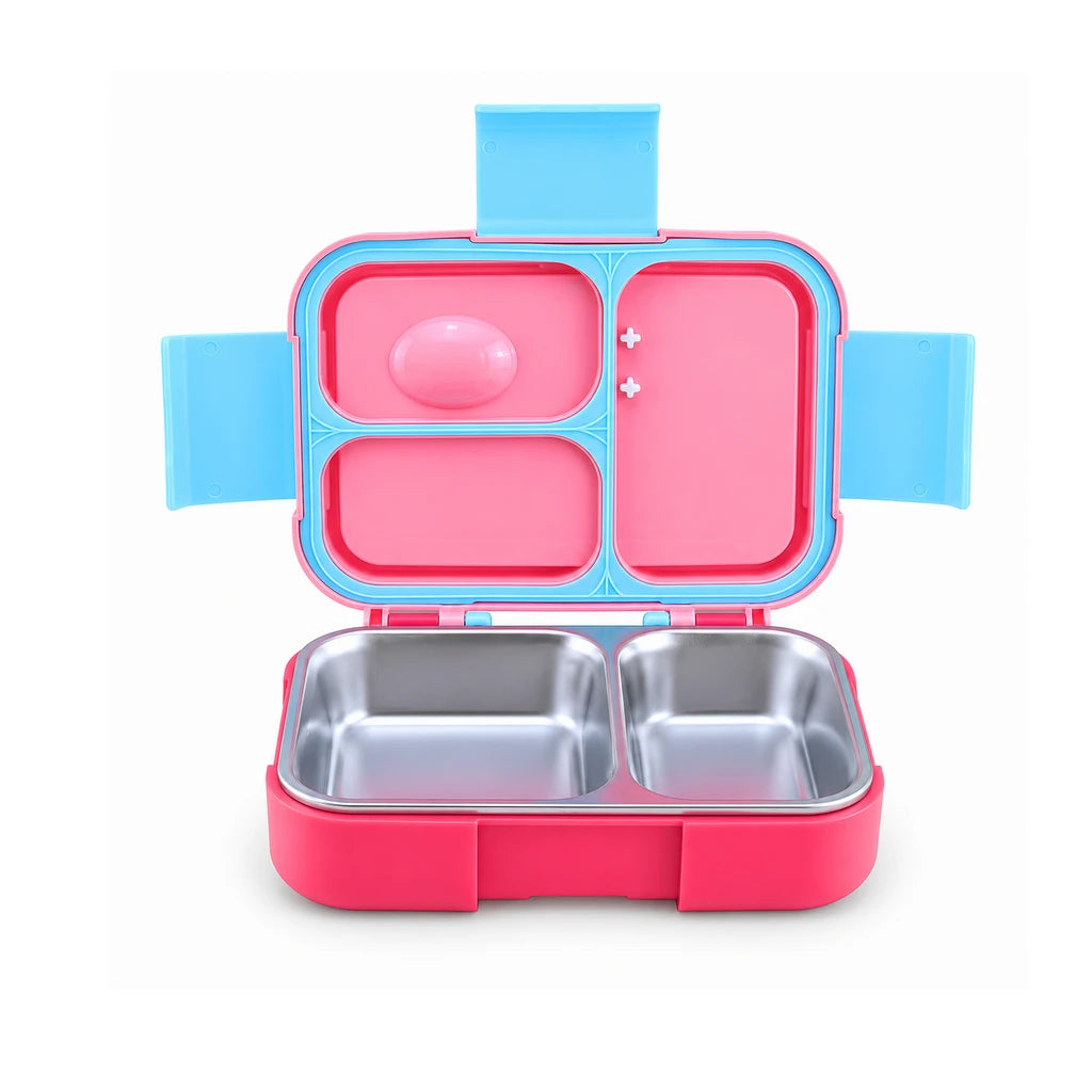 IQIX 800 ML Flip-Top 5-Section Stainless Steel Lunch Box | Pink Mud Horse Design