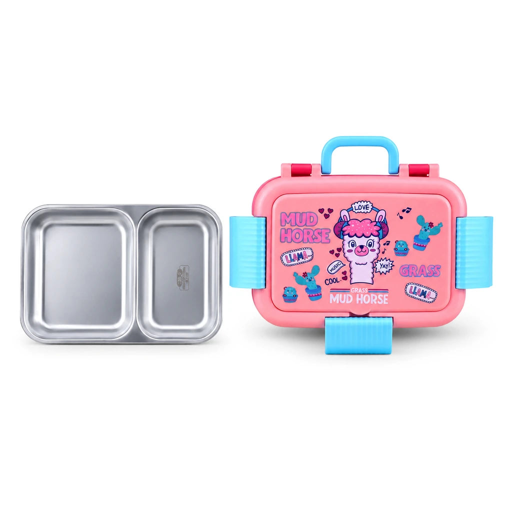 IQIX 800 ML Flip-Top 5-Section Stainless Steel Lunch Box | Pink Mud Horse Design