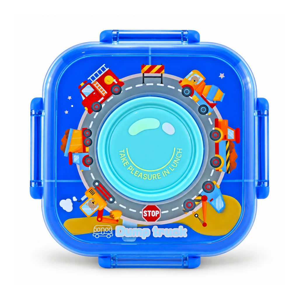IQIX 1100 ML Kids Lunch Box | 3-Compartment | Sky-Blue | Construction Print
