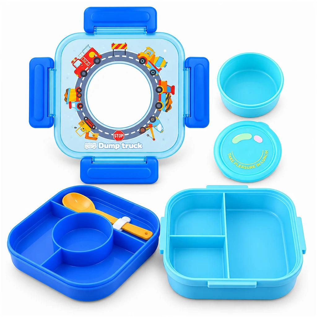 IQIX 1100 ML Kids Lunch Box | 3-Compartment | Sky-Blue | Construction Print