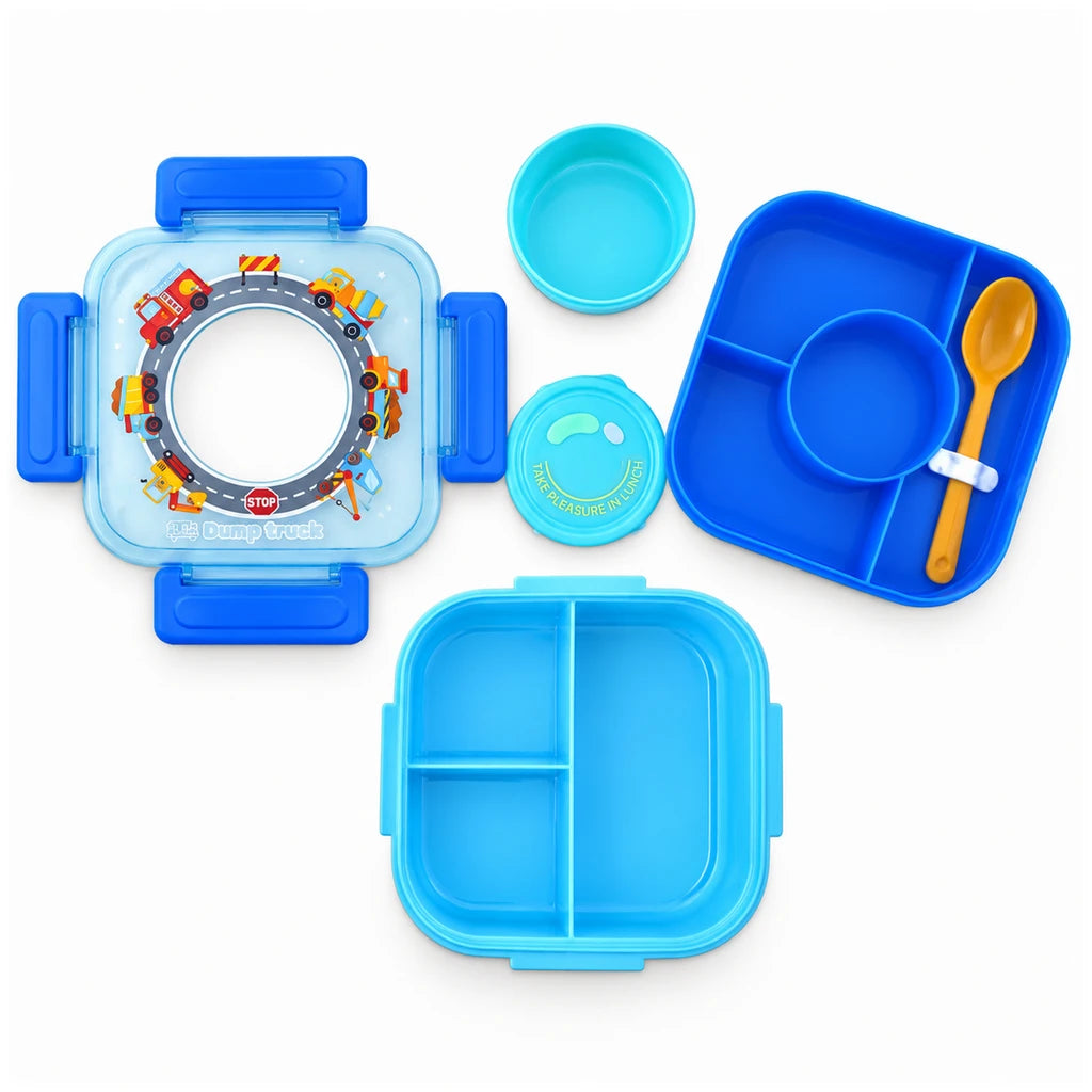IQIX 1100 ML Kids Lunch Box | 3-Compartment | Sky-Blue | Construction Print