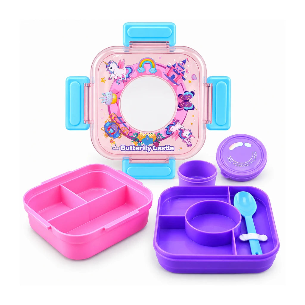 IQIX 1100 ML Kids Lunch Box | 3-Compartment | Pink | Unicorn Print