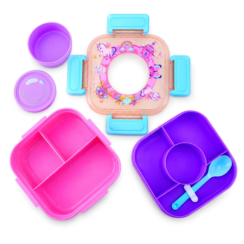 IQIX 1100 ML Kids Lunch Box | 3-Compartment | Pink | Unicorn Print