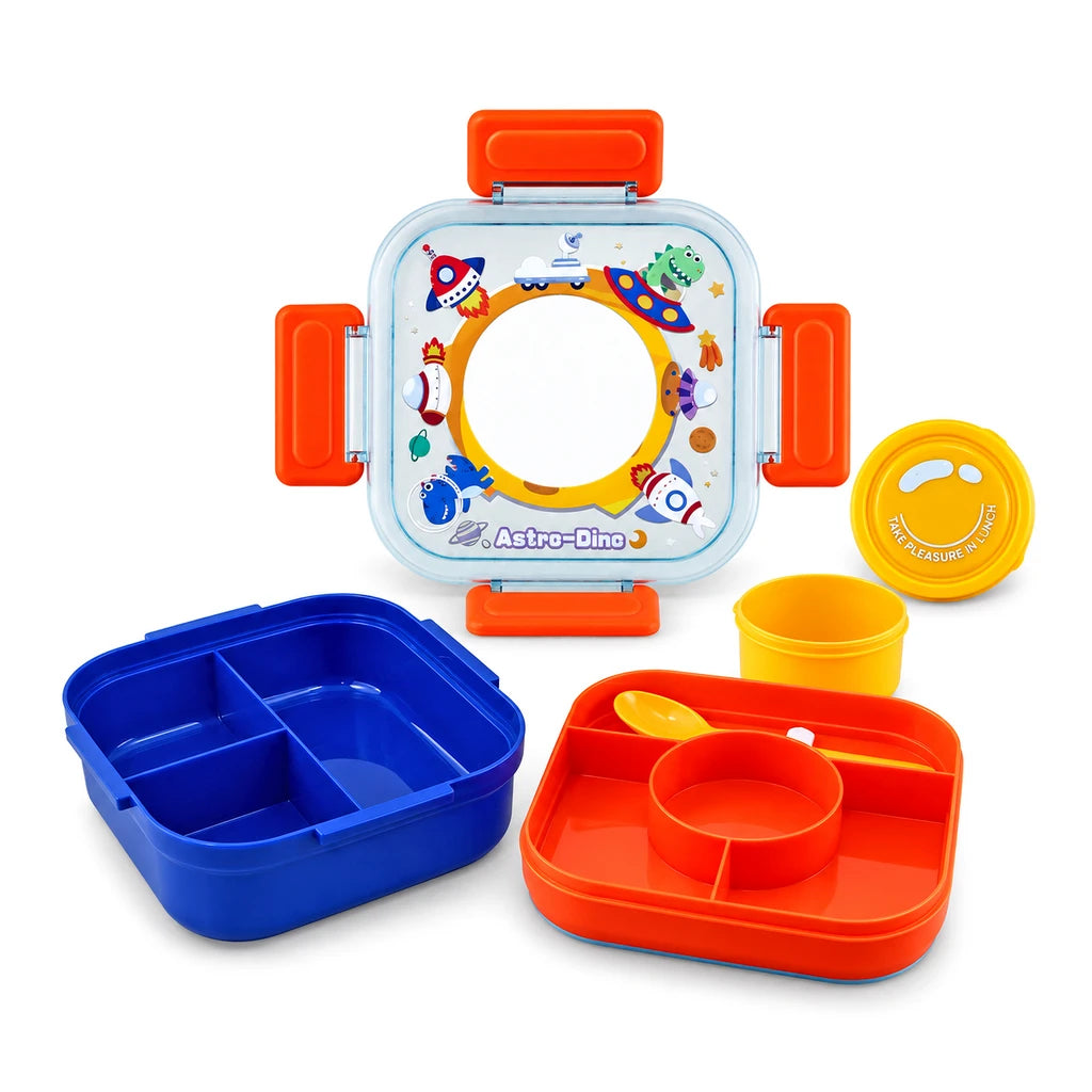 IQIX 1100 ML Kids Lunch Box | 3-Compartment | Blue & Orange | Space Print